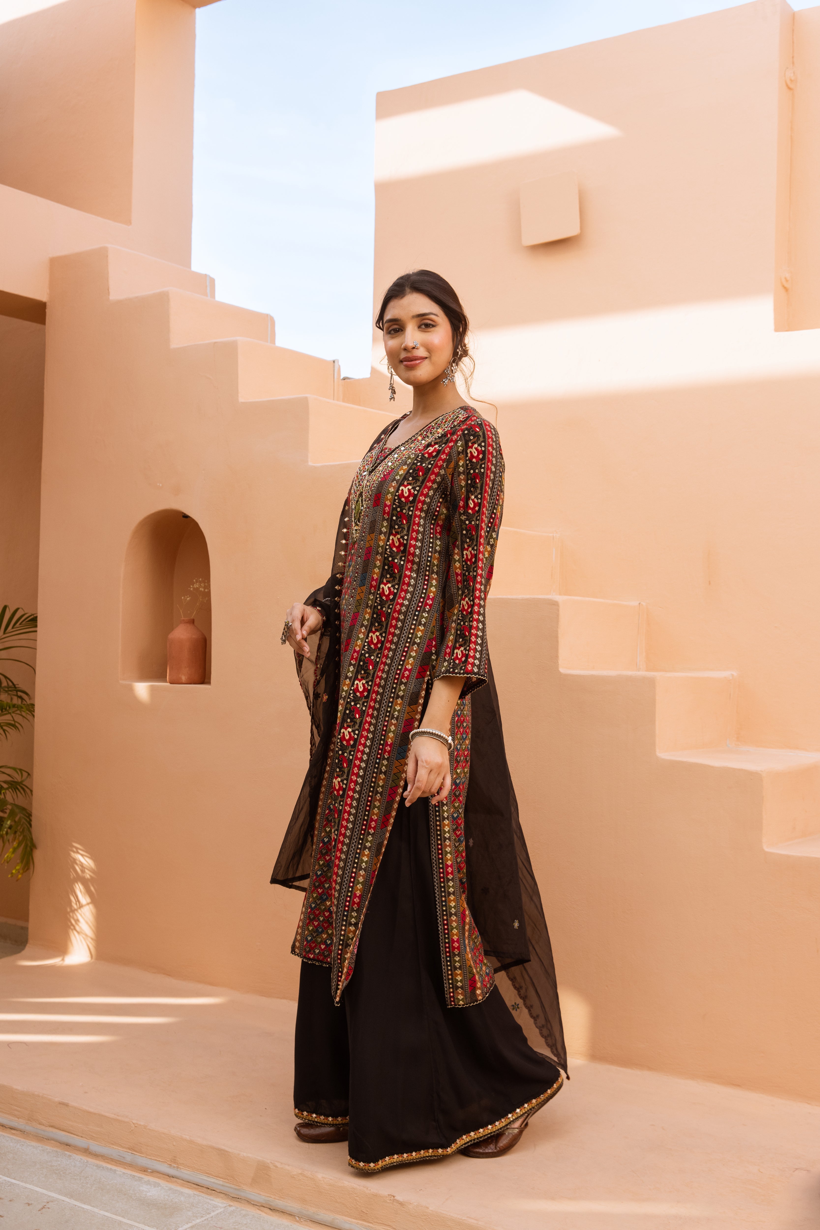 Multicolor German Rayon Kurta Palazzo and Dupatta Set