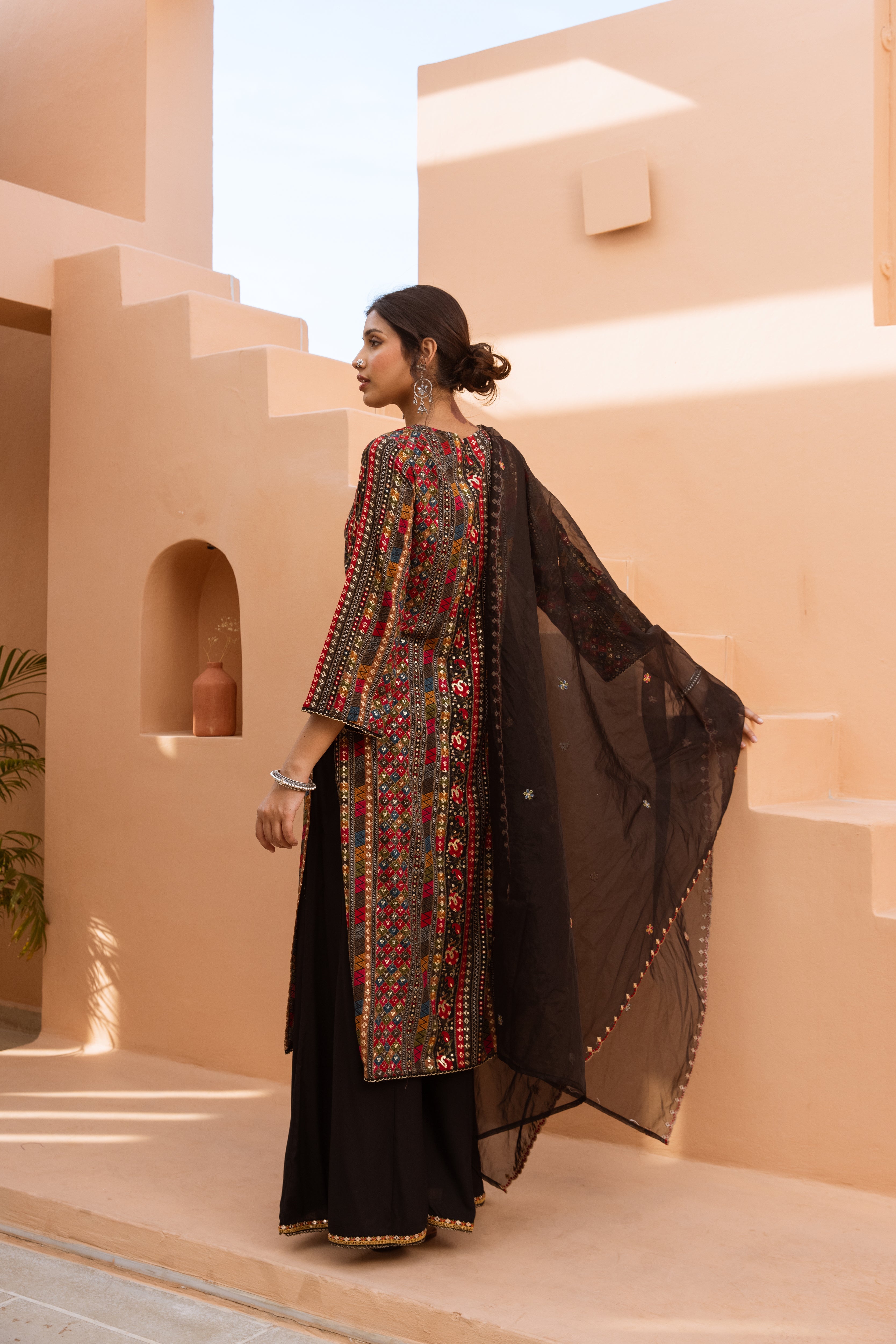 Multicolor German Rayon Kurta Palazzo and Dupatta Set