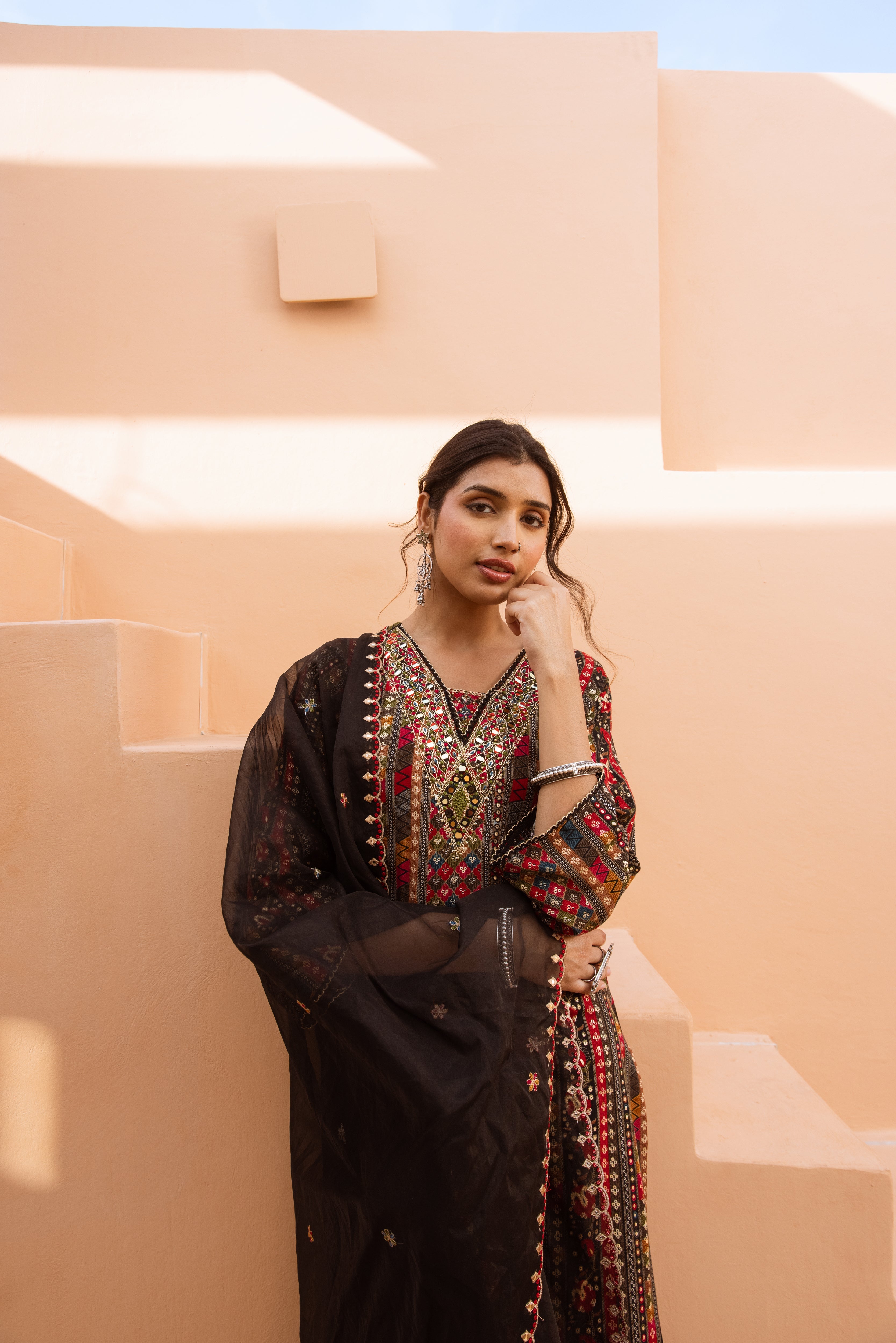 Multicolor German Rayon Kurta Palazzo and Dupatta Set