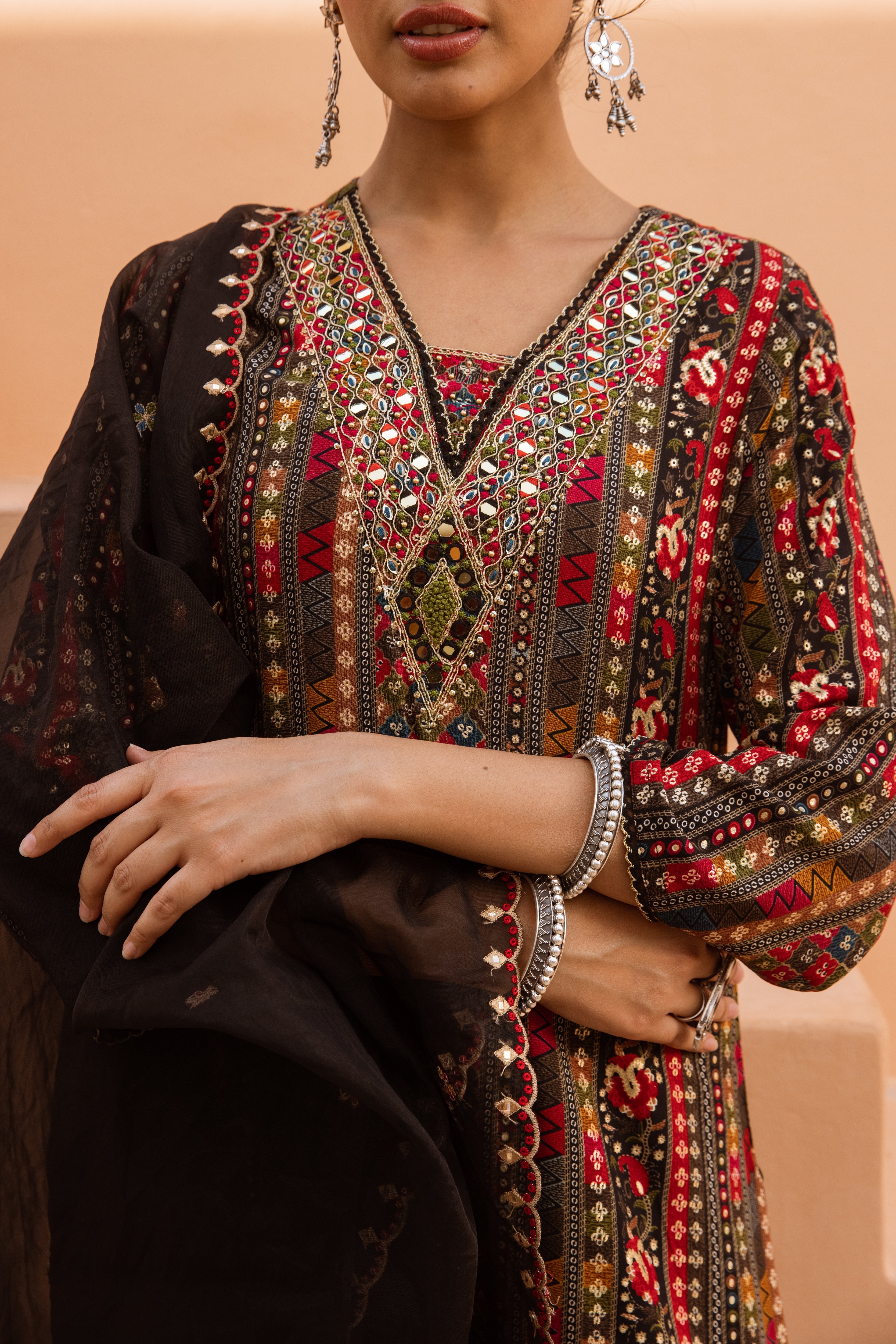 Multicolor German Rayon Kurta Palazzo and Dupatta Set