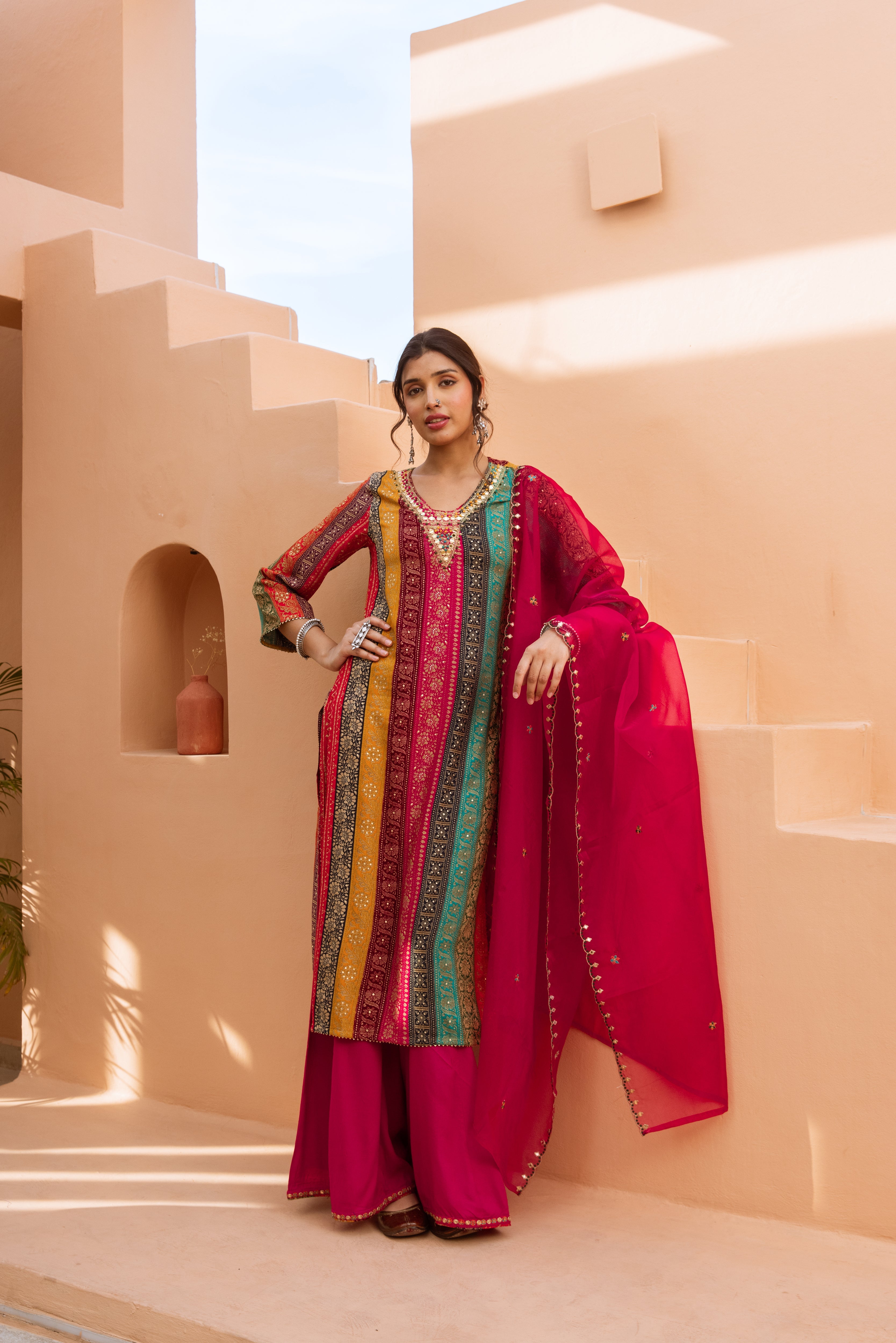 Multicolor German Rayon Kurta Palazzo and Dupatta Set