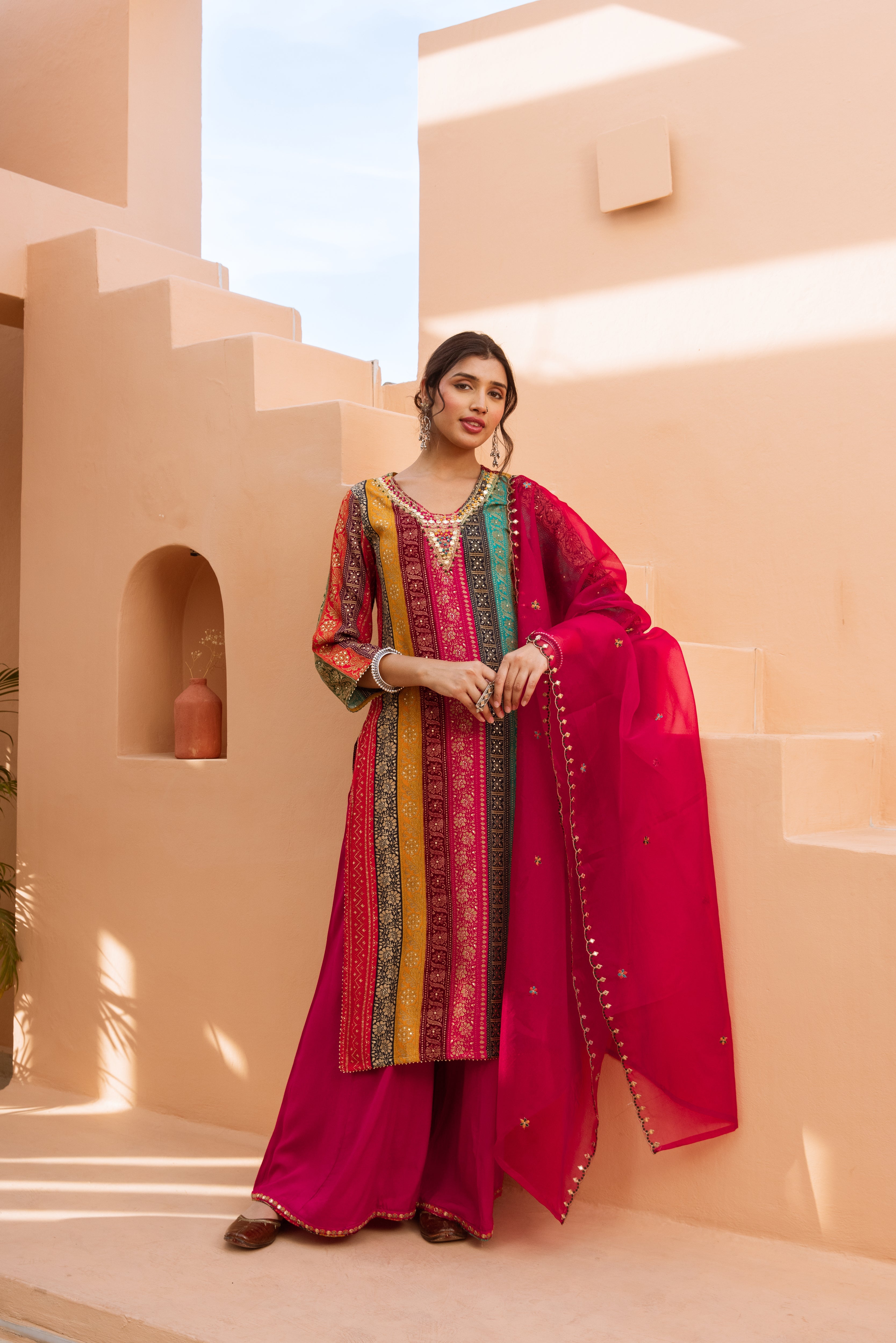 Multicolor German Rayon Kurta Palazzo and Dupatta Set