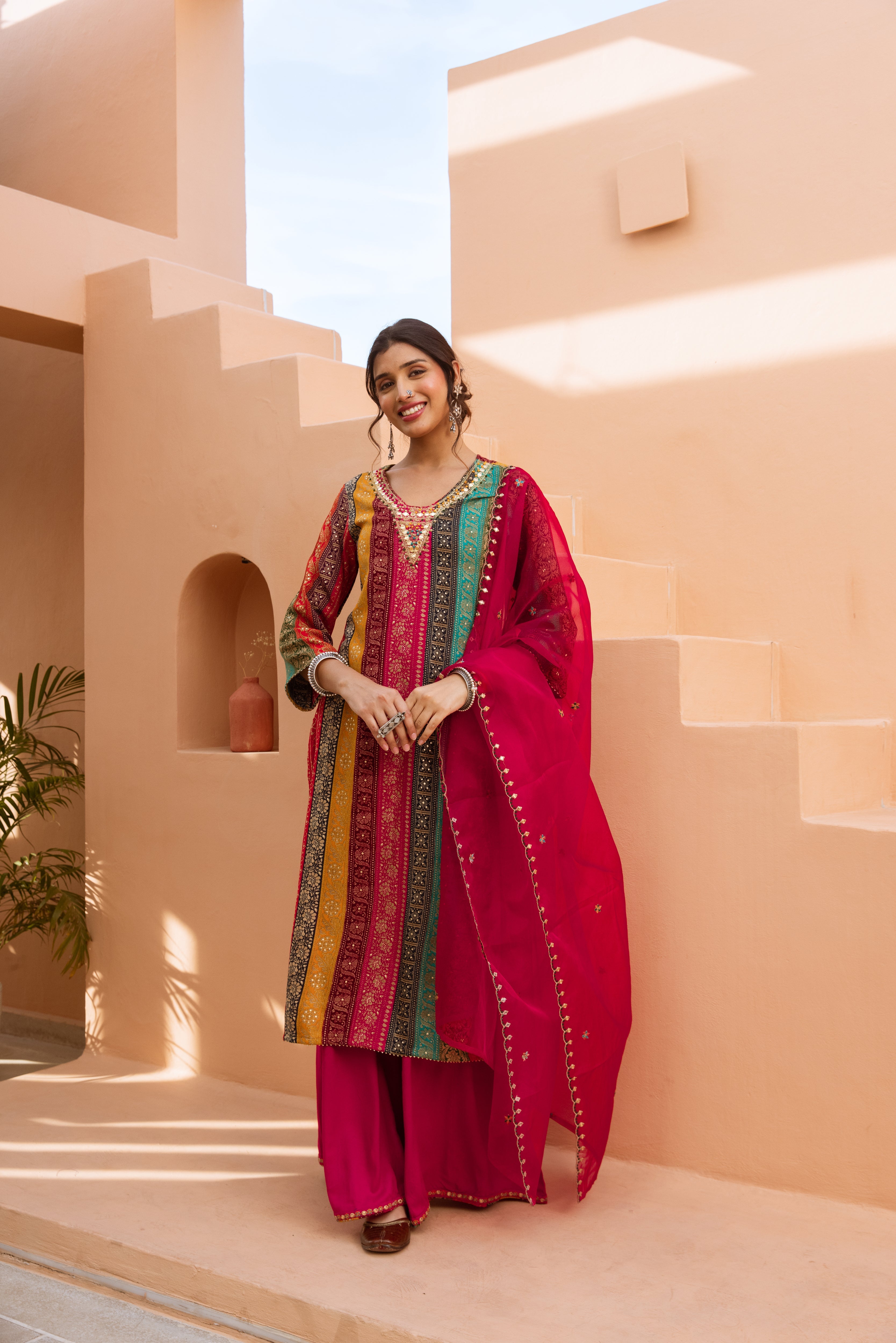 Multicolor German Rayon Kurta Palazzo and Dupatta Set