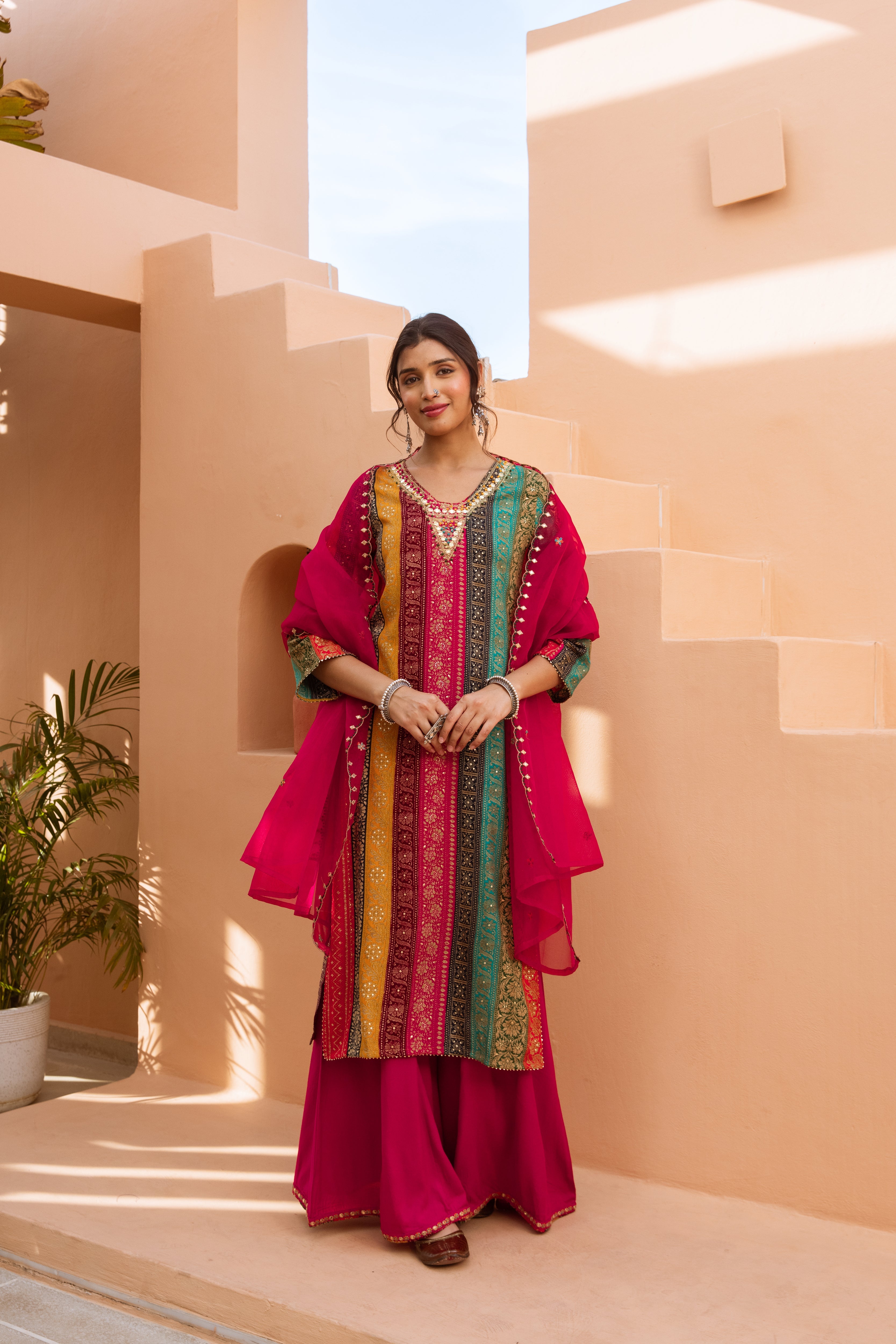 Multicolor German Rayon Kurta Palazzo and Dupatta Set
