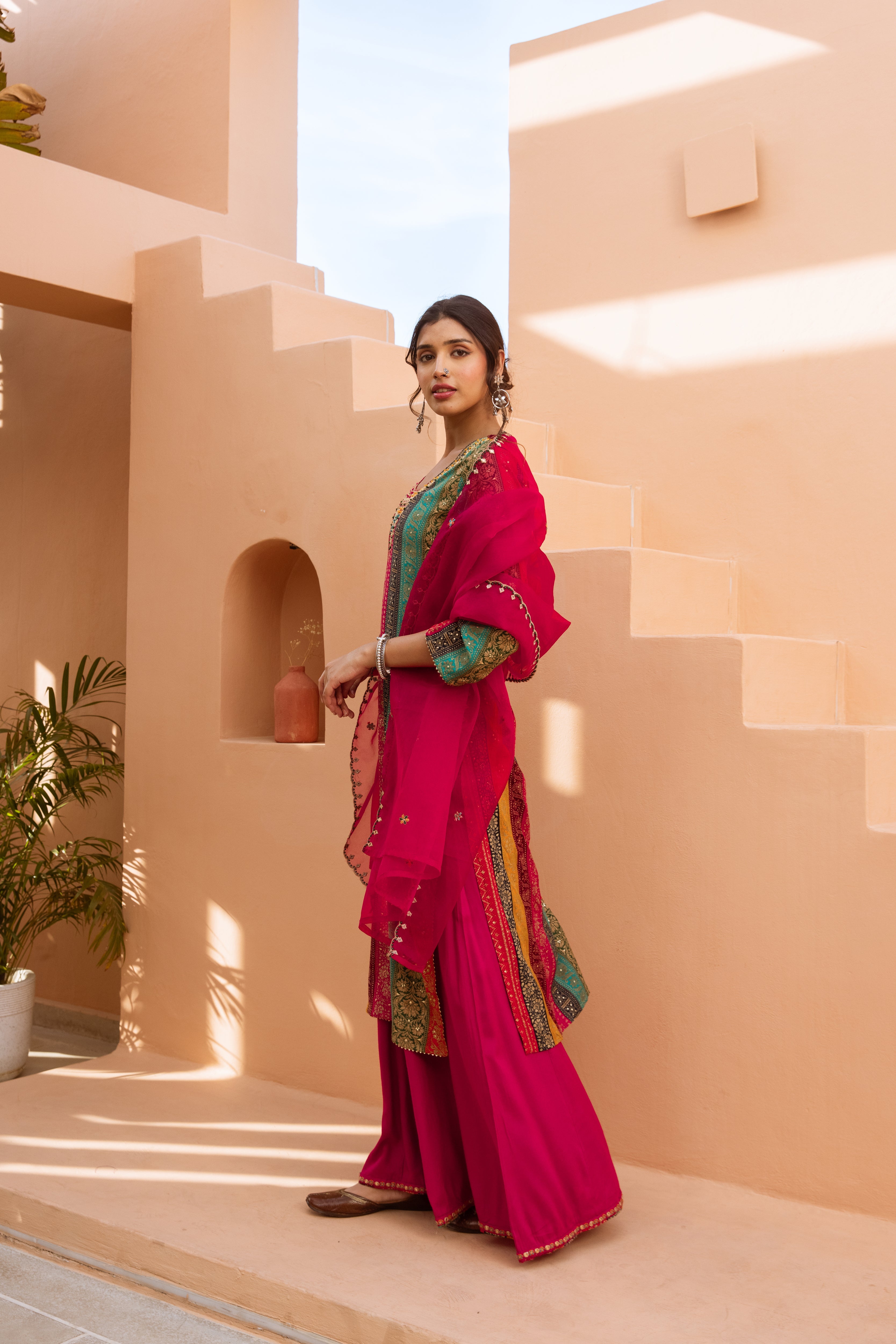 Multicolor German Rayon Kurta Palazzo and Dupatta Set