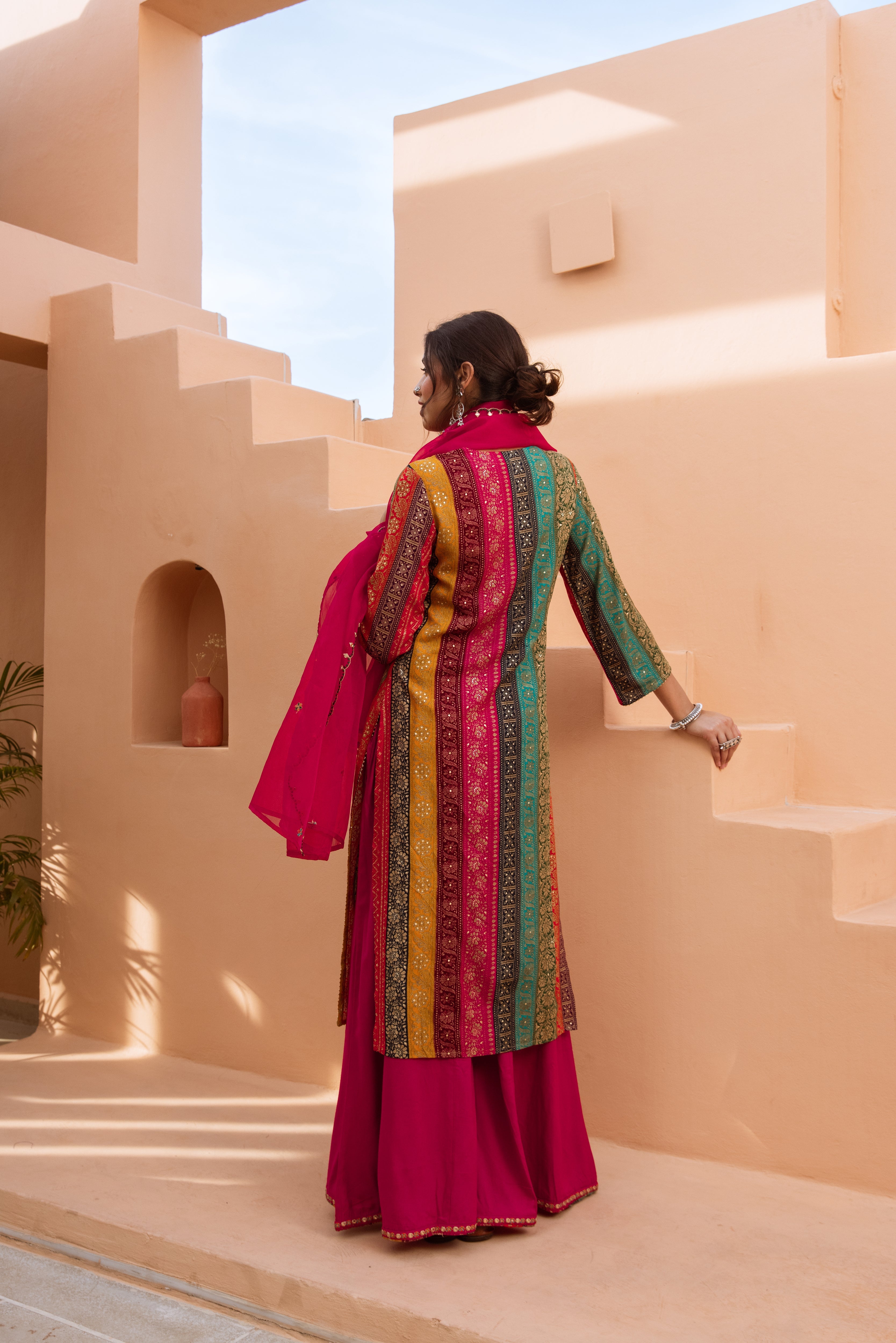 Multicolor German Rayon Kurta Palazzo and Dupatta Set
