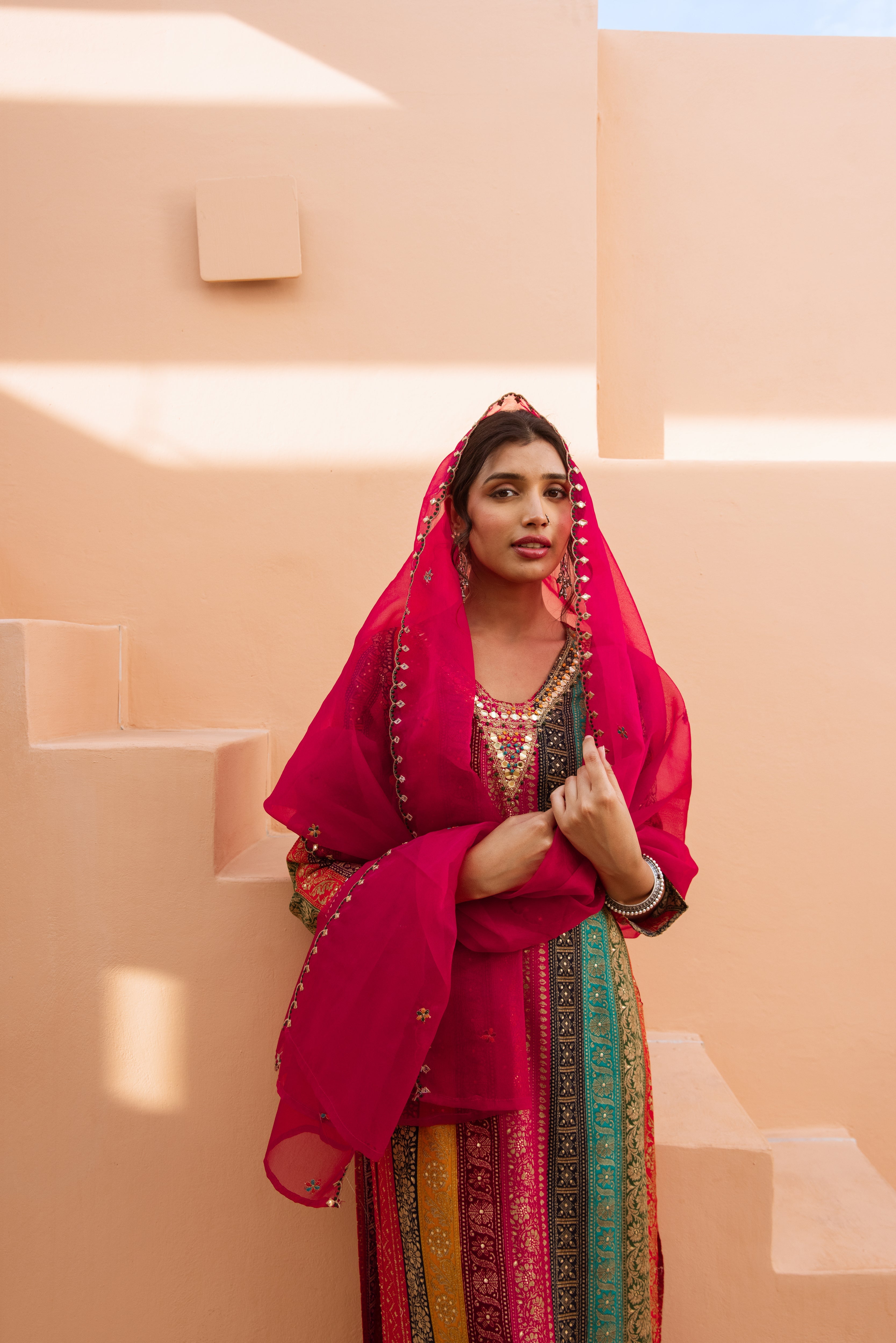 Multicolor German Rayon Kurta Palazzo and Dupatta Set