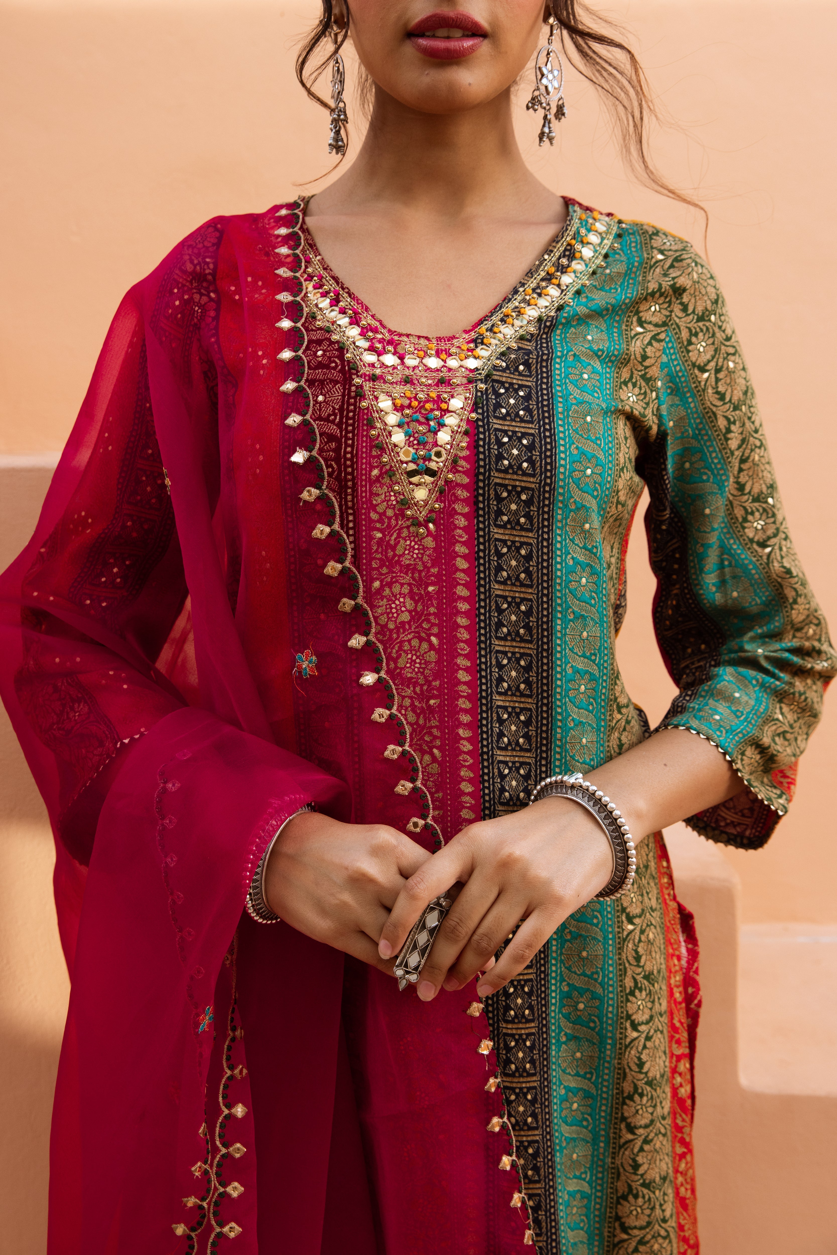 Multicolor German Rayon Kurta Palazzo and Dupatta Set