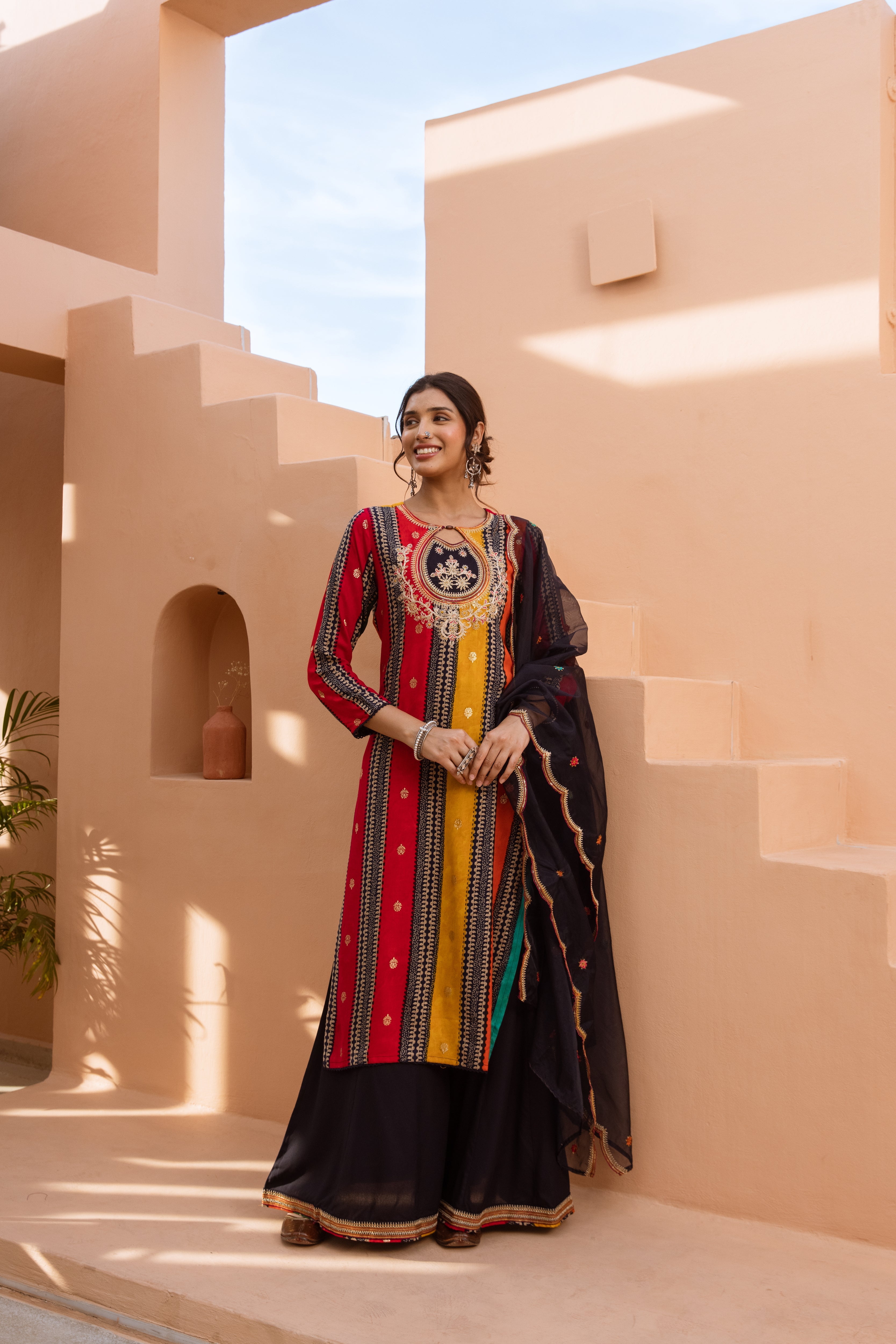 Women's Multicolor German Rayon Kurta Divider Palazzo and Dupatta Set