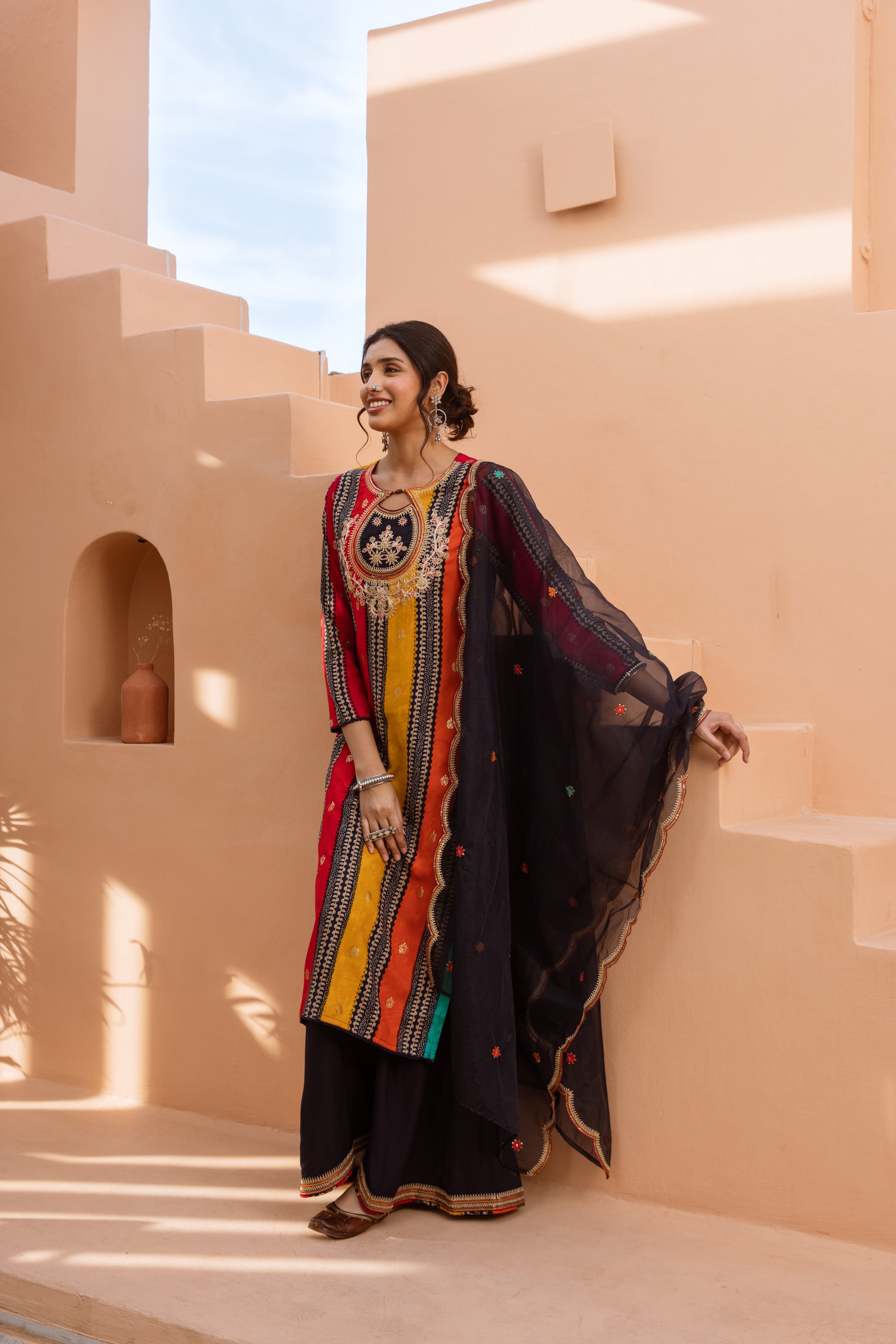 Women's Multicolor German Rayon Kurta Divider Palazzo and Dupatta Set