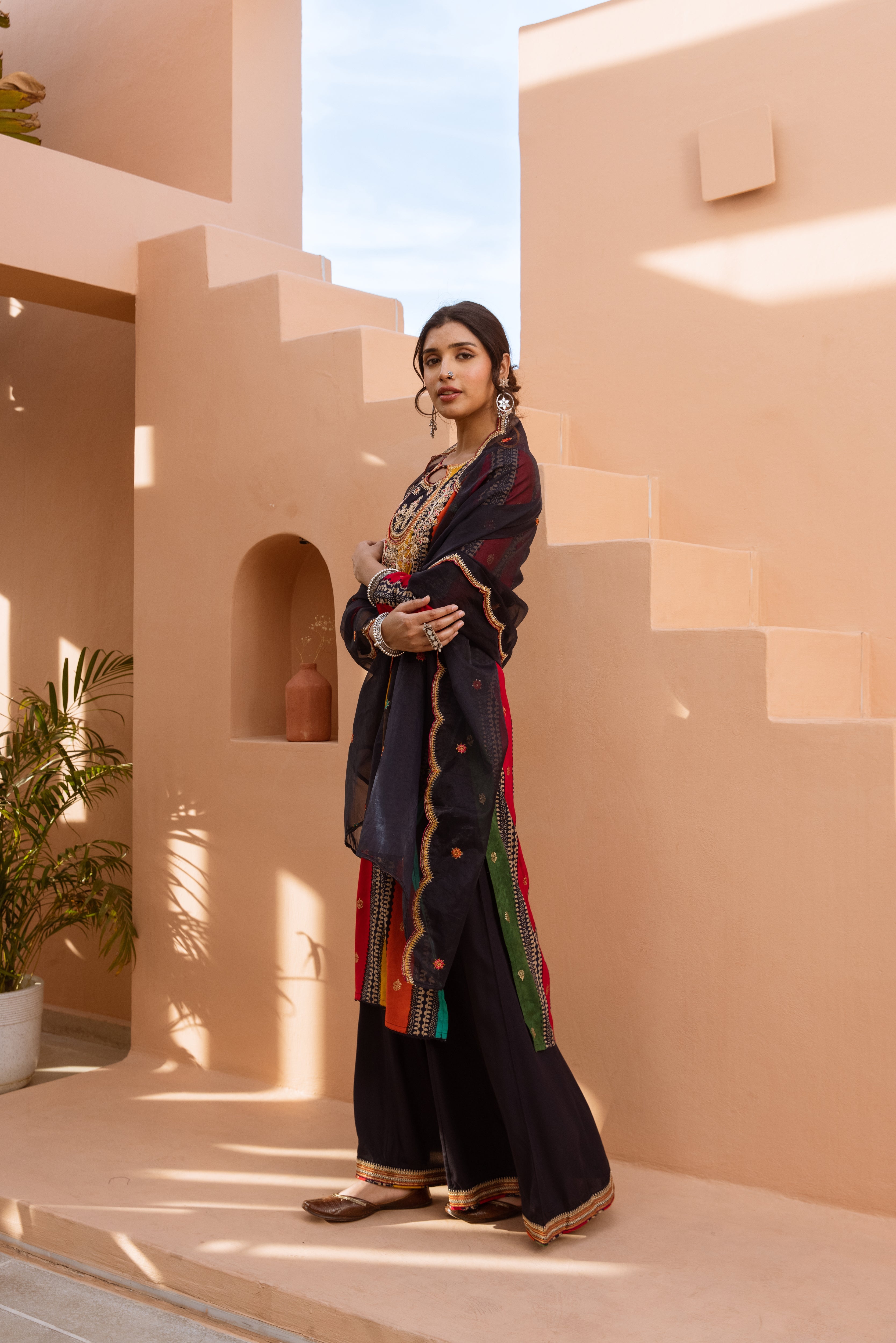 Women's Multicolor German Rayon Kurta Divider Palazzo and Dupatta Set