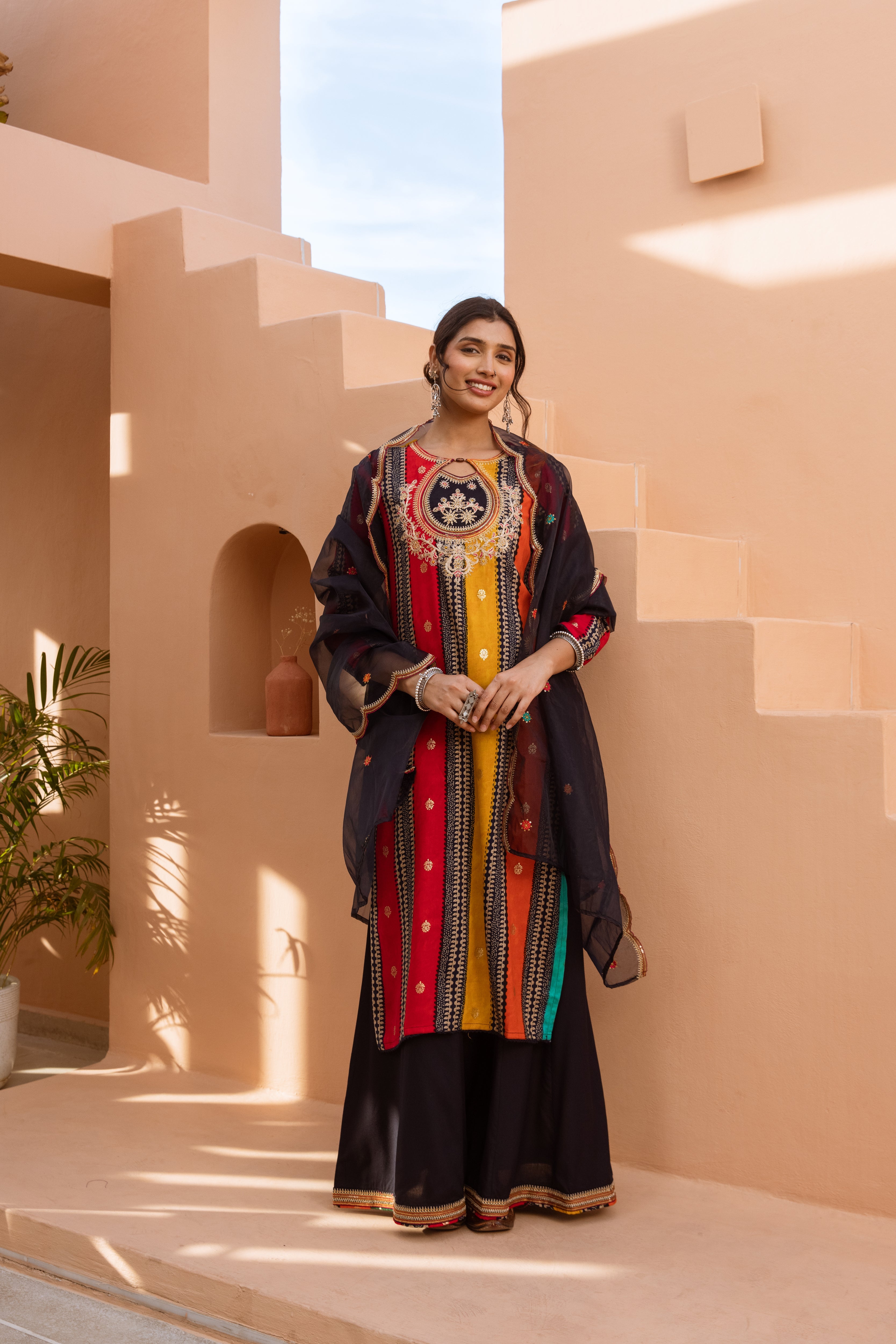 Women's Multicolor German Rayon Kurta Divider Palazzo and Dupatta Set