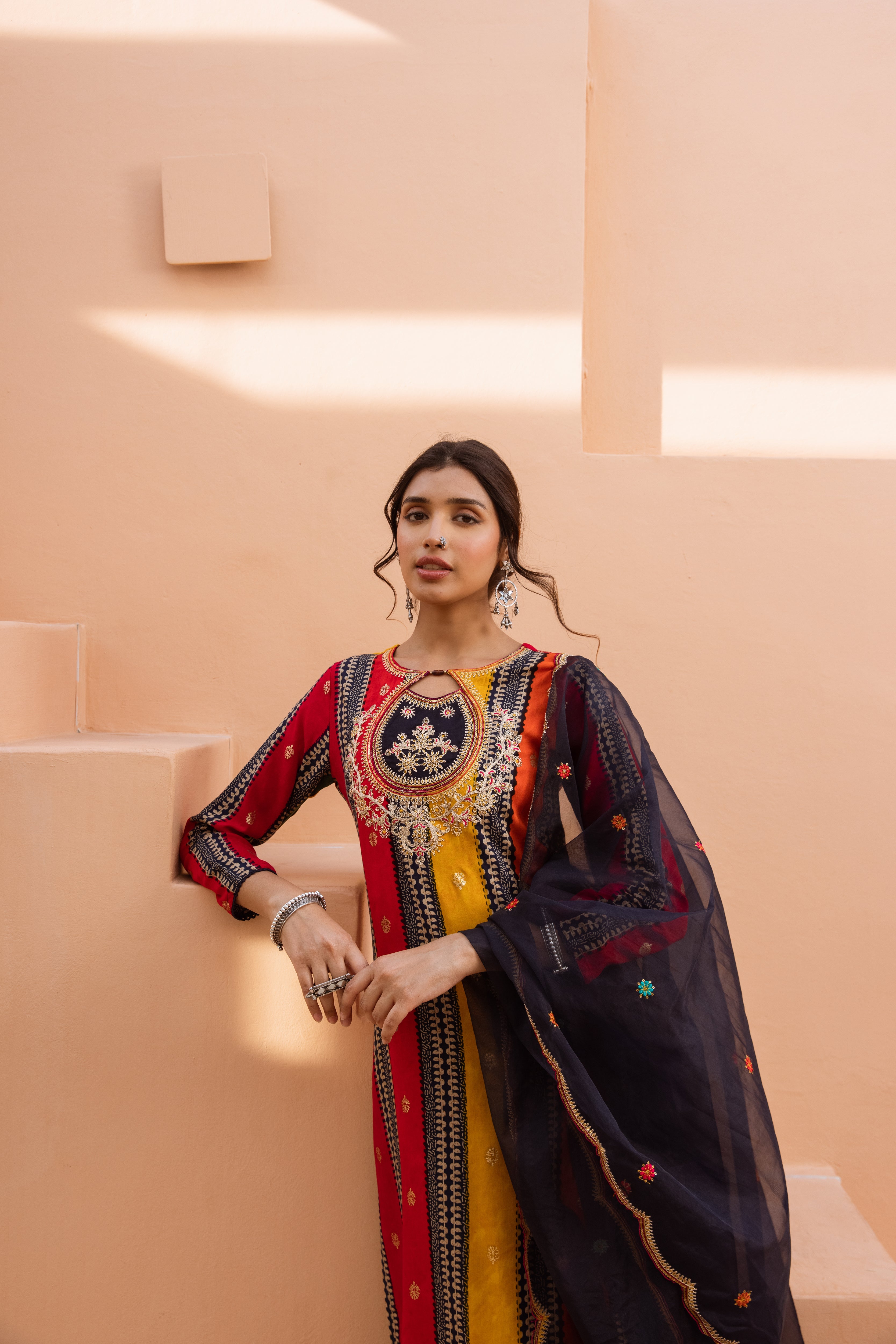 Women's Multicolor German Rayon Kurta Divider Palazzo and Dupatta Set