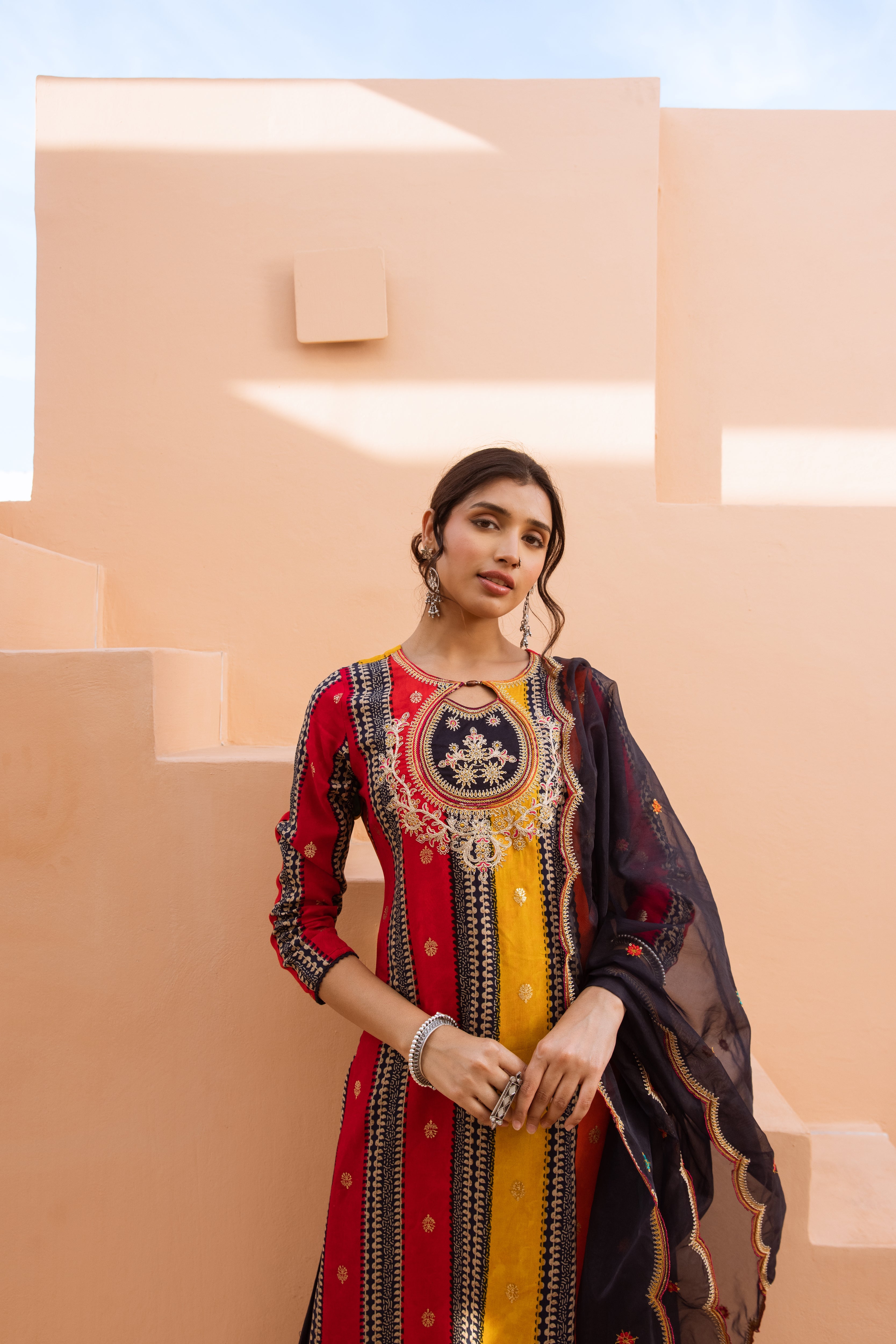 Women's Multicolor German Rayon Kurta Divider Palazzo and Dupatta Set