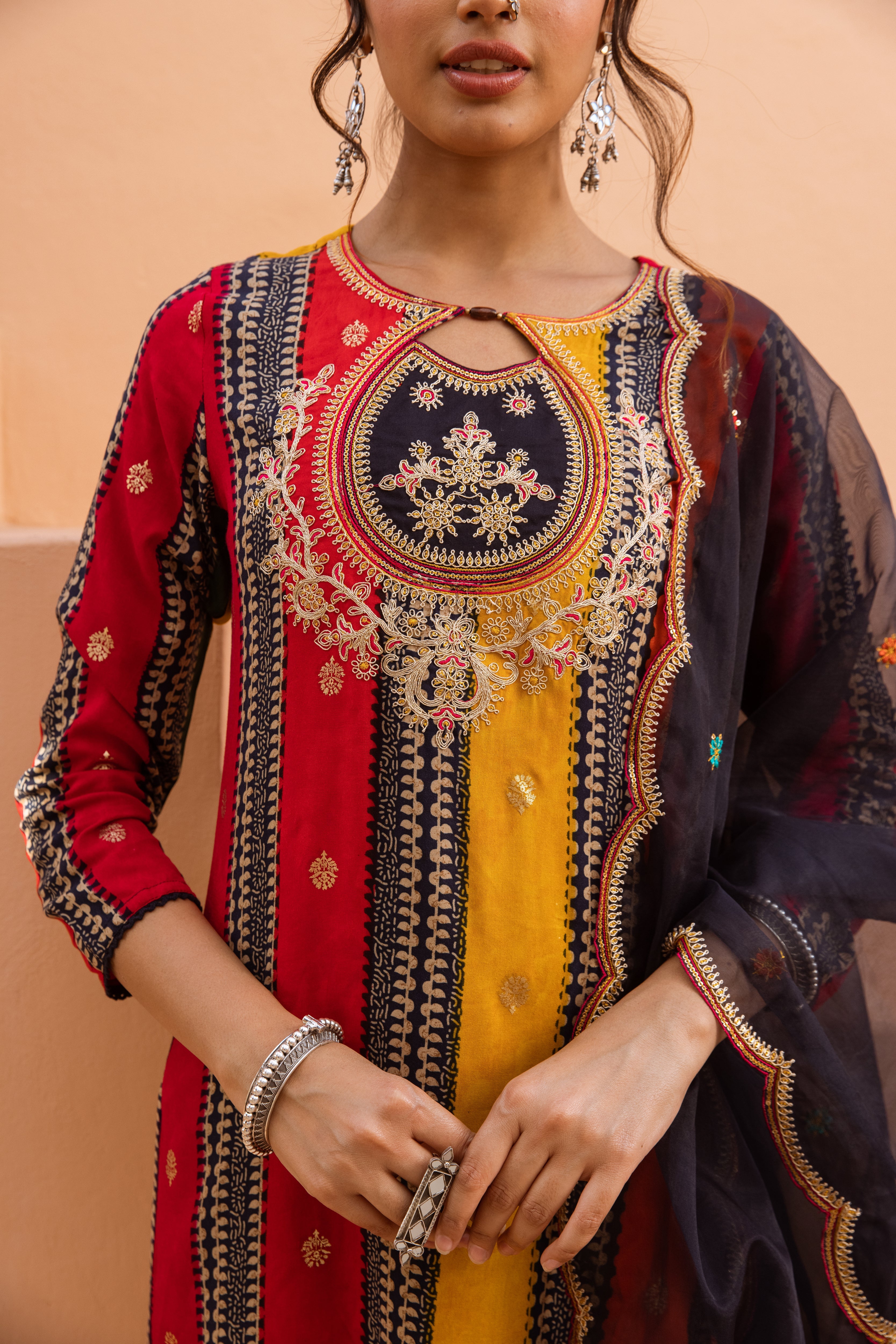 Women's Multicolor German Rayon Kurta Divider Palazzo and Dupatta Set
