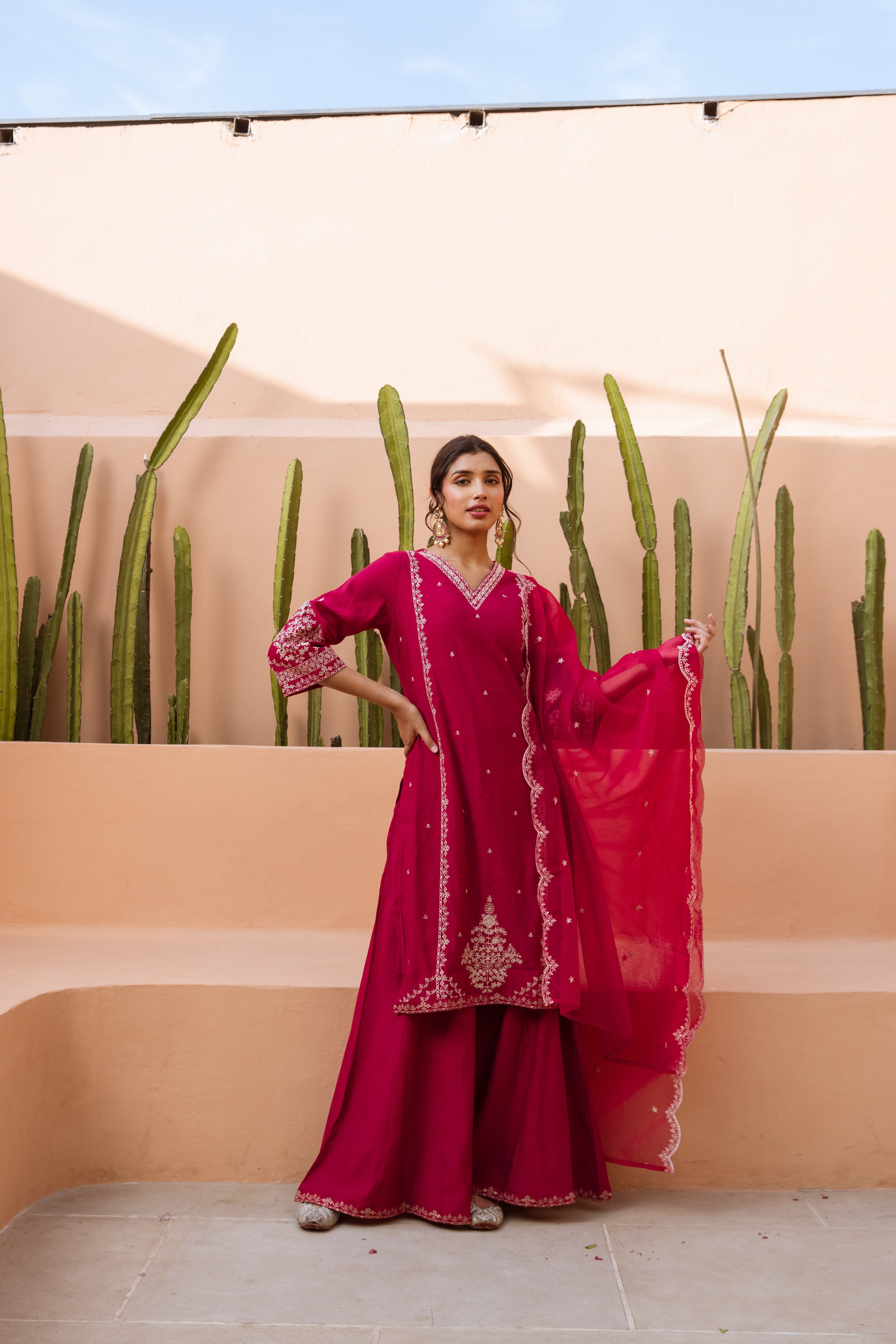 Maroon Modal Muslin Kurta Palazzo and Dupatta Set