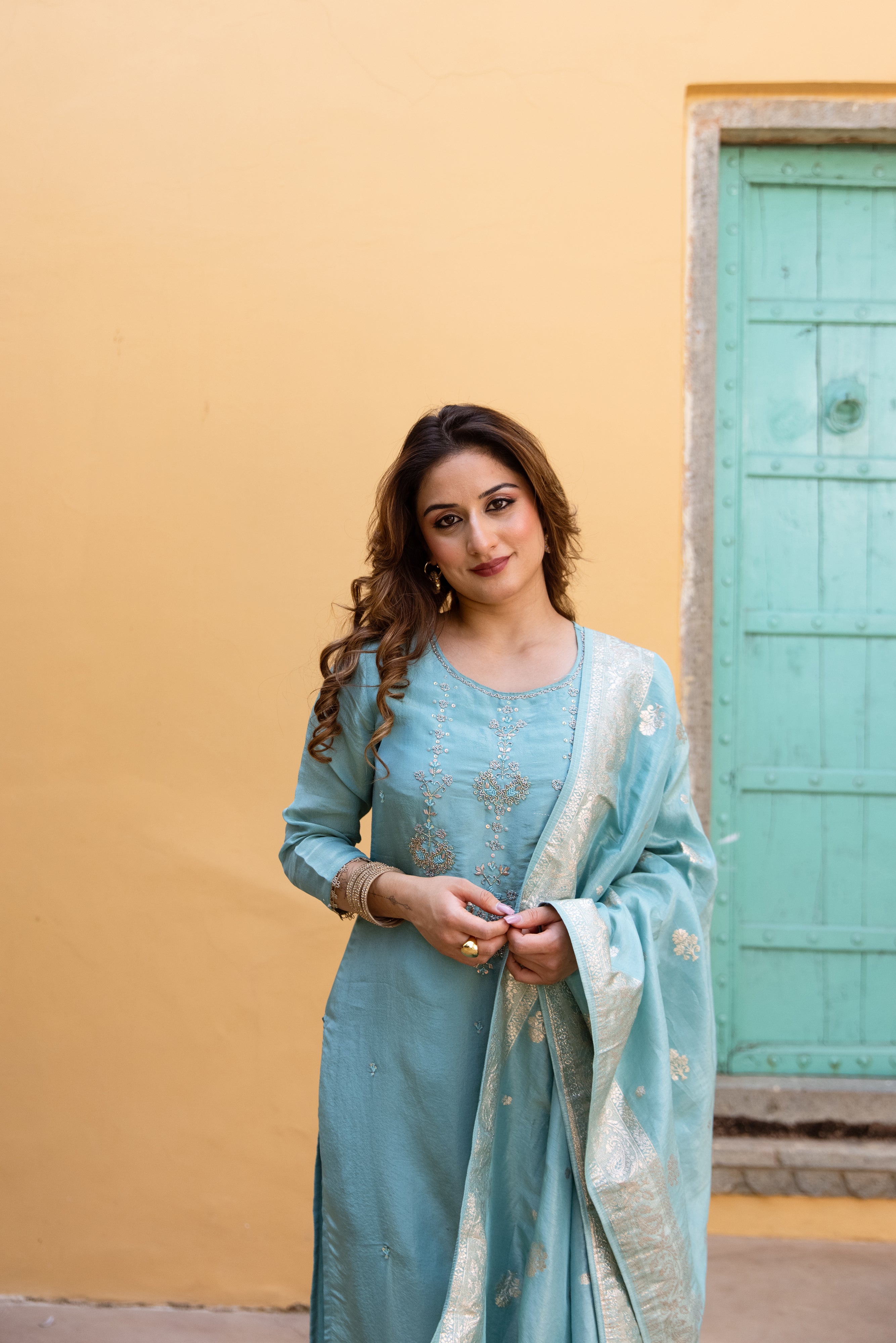 Sky Blue Viscose Simmer Kurta Pant and Dupatta Set