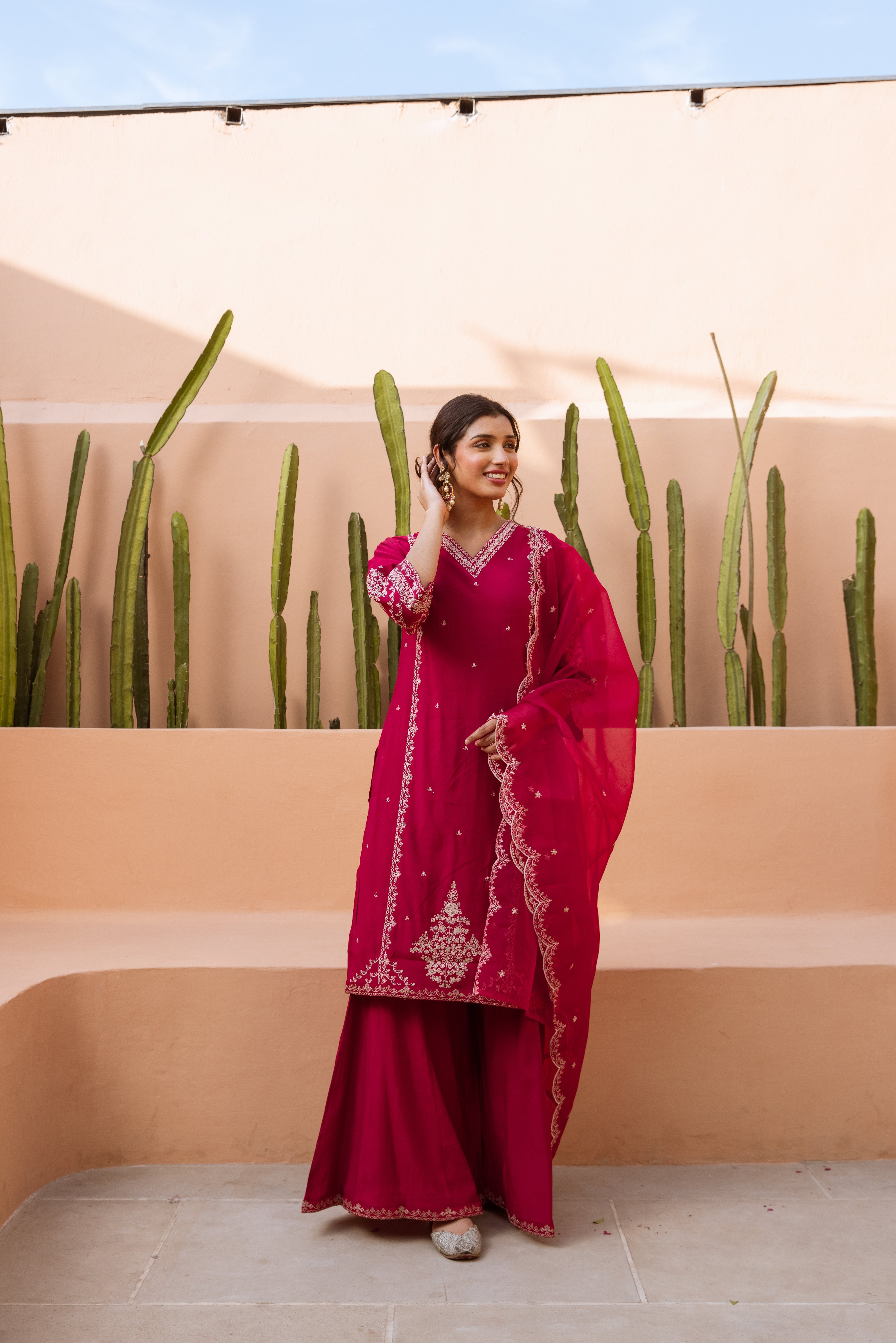 Maroon Modal Muslin Kurta Palazzo and Dupatta Set