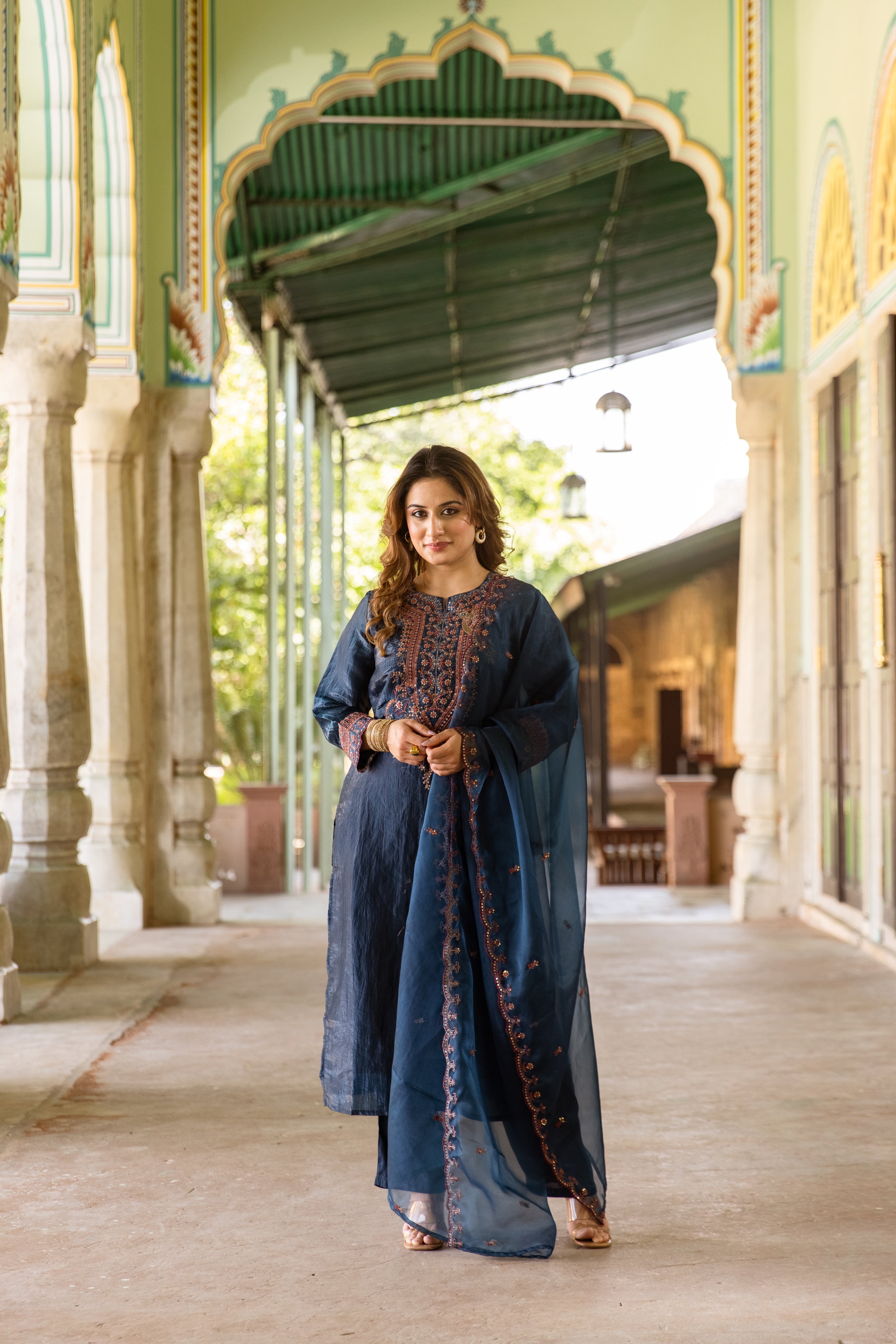 Teal Paper Silk Kurta Pant and Dupatta Set