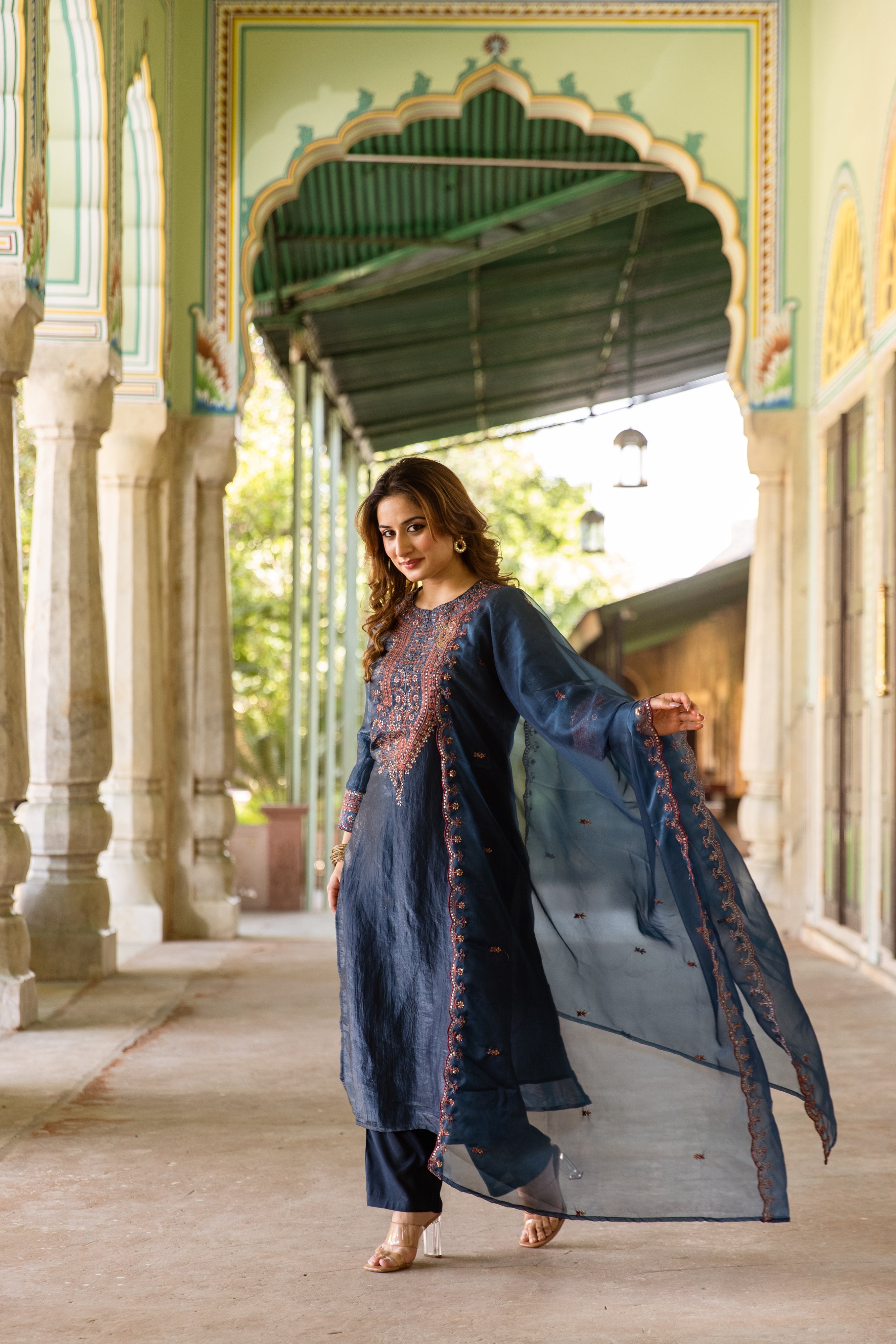 Teal Paper Silk Kurta Pant and Dupatta Set