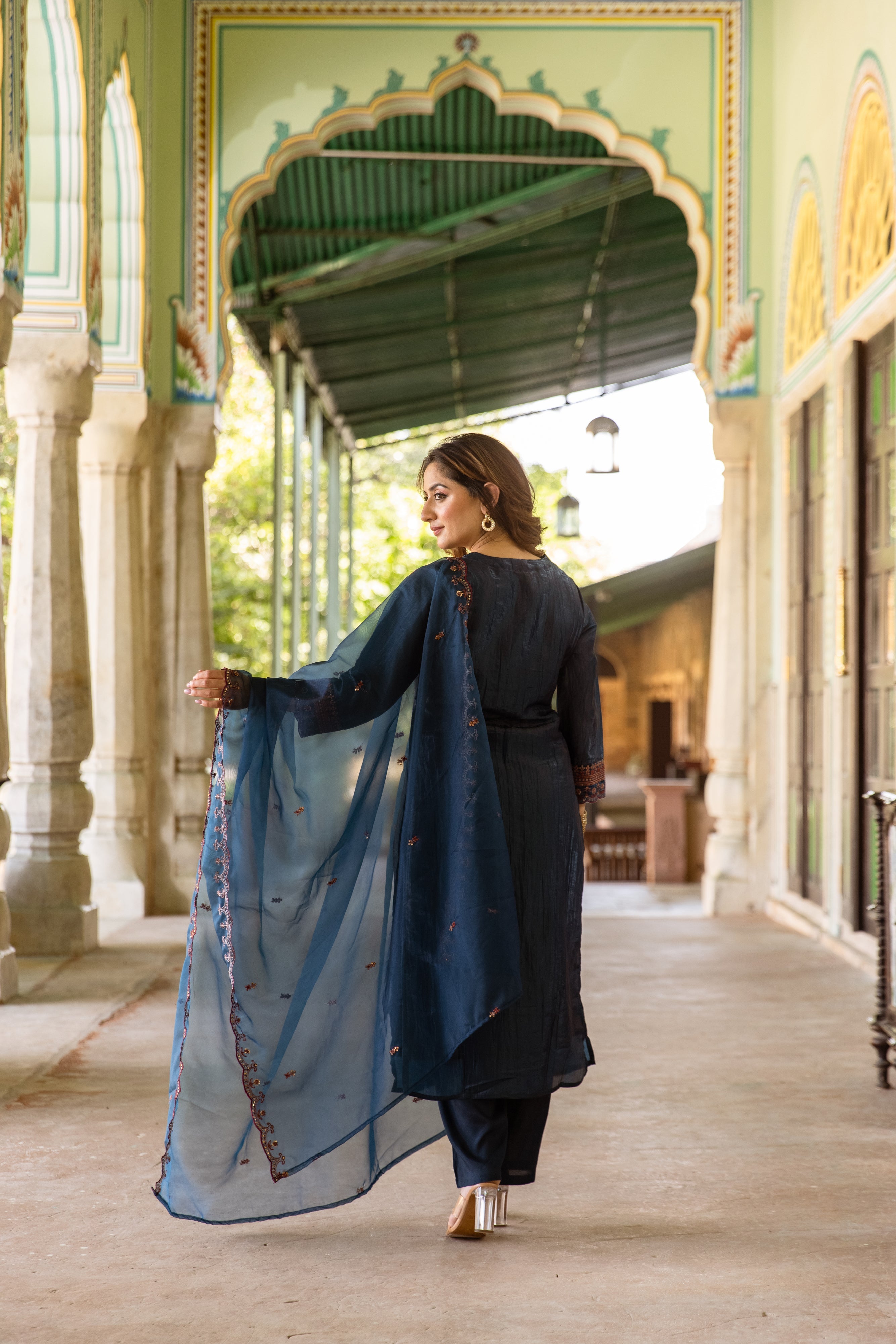 Teal Paper Silk Kurta Pant and Dupatta Set