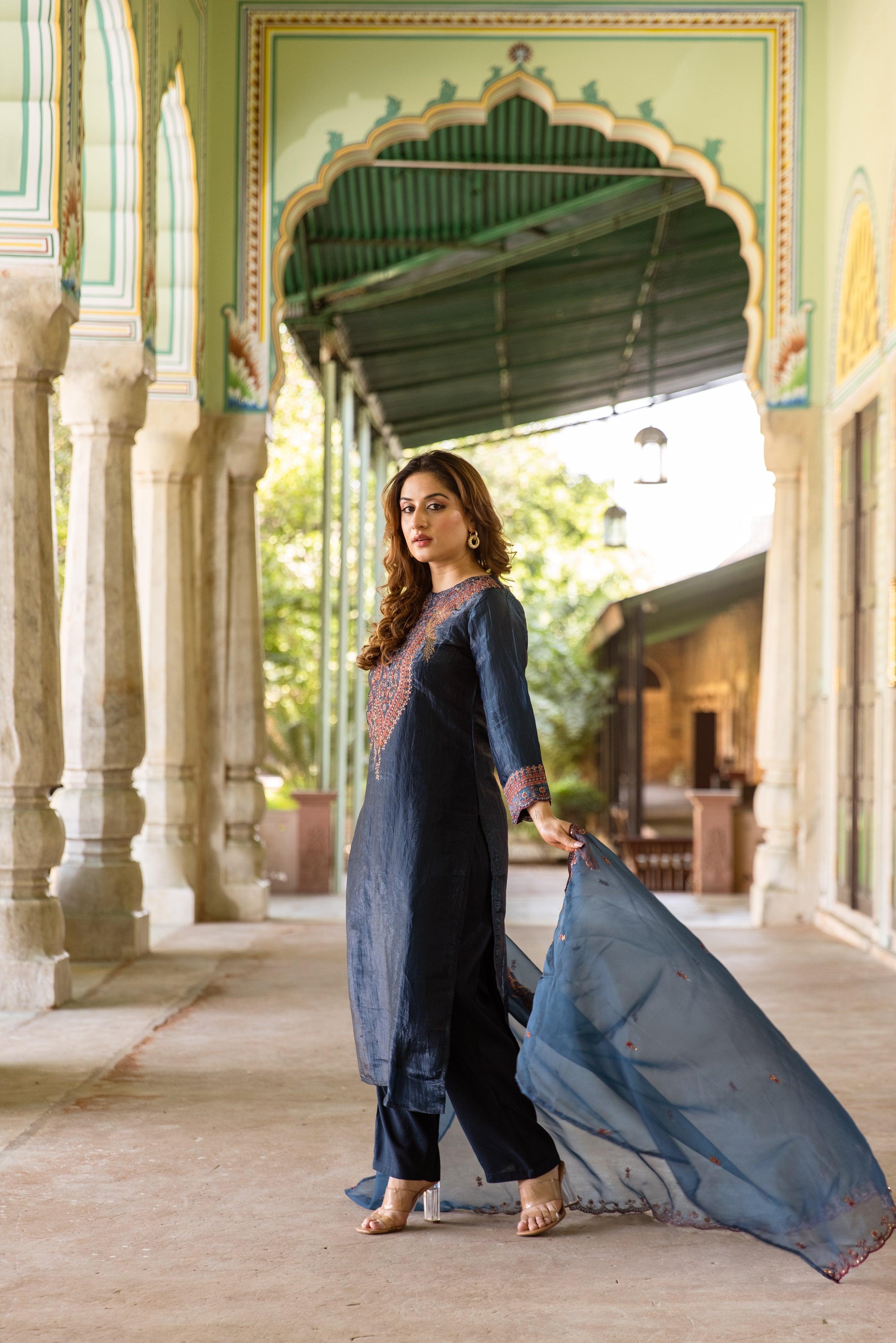 Teal Paper Silk Kurta Pant and Dupatta Set