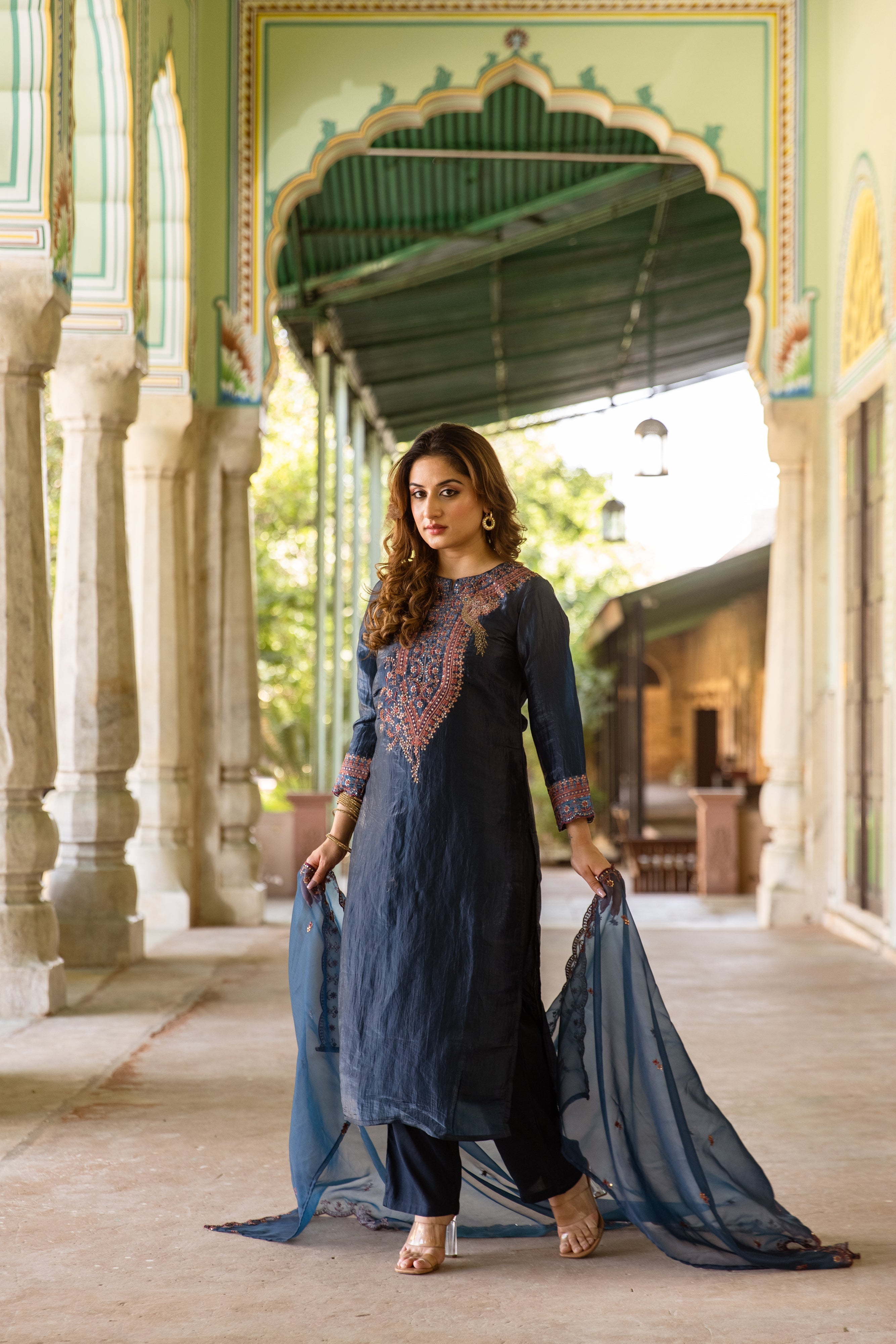 Teal Paper Silk Kurta Pant and Dupatta Set