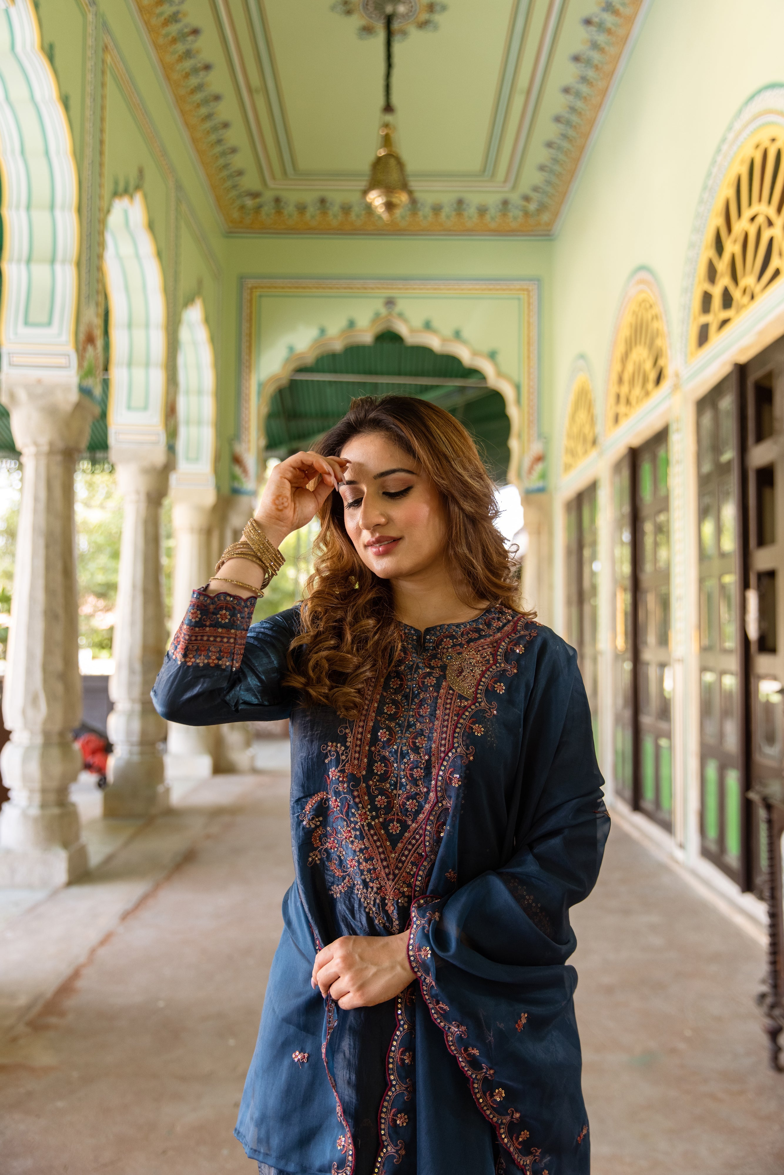 Teal Paper Silk Kurta Pant and Dupatta Set