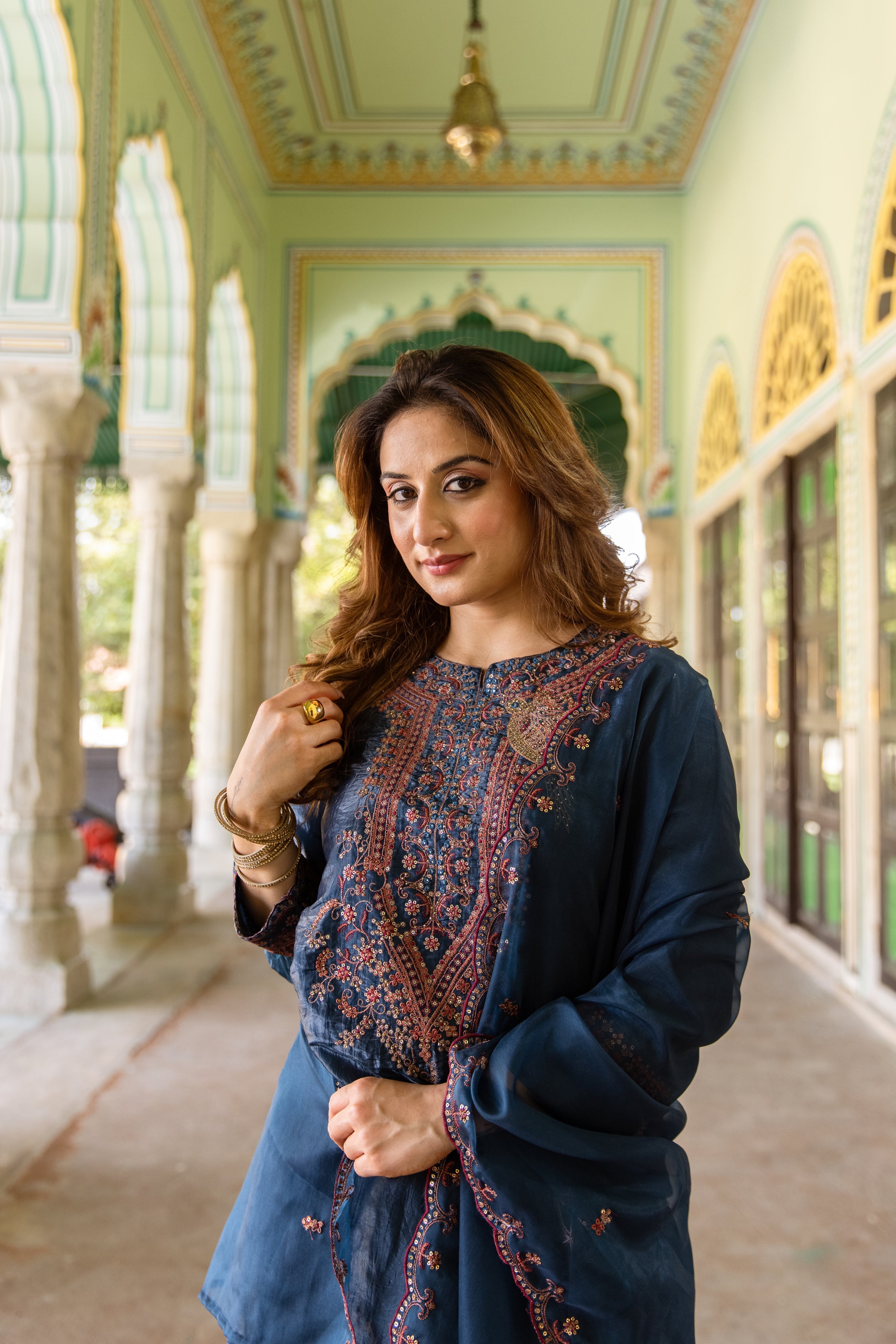 Teal Paper Silk Kurta Pant and Dupatta Set