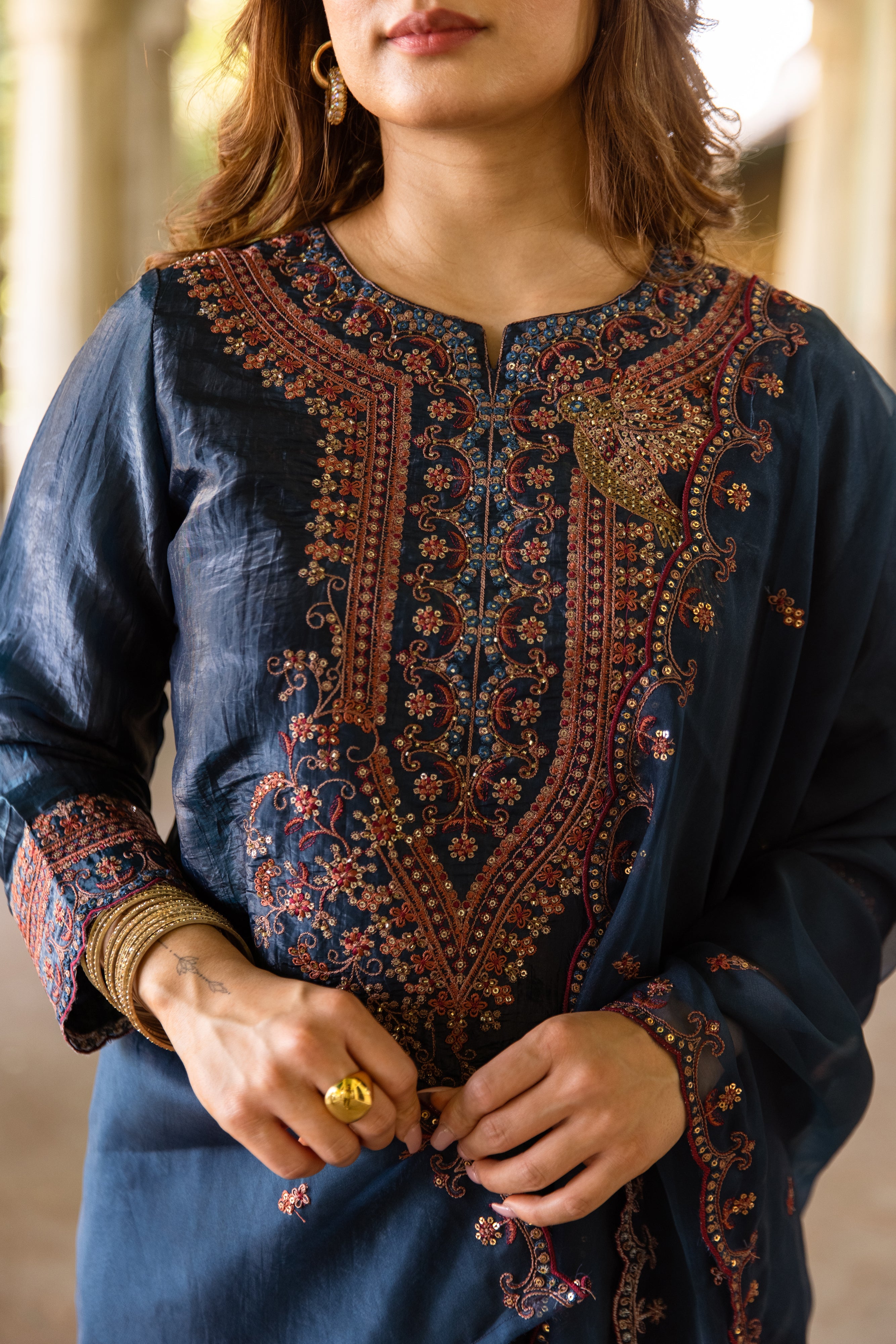 Teal Paper Silk Kurta Pant and Dupatta Set