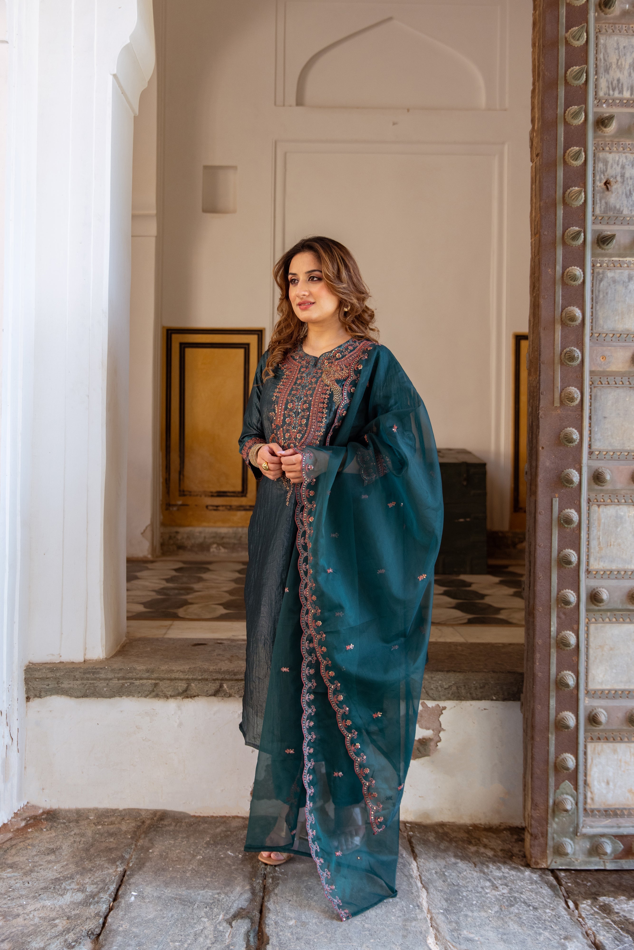 Rama Green Paper Silk Kurta Pant and Dupatta Set