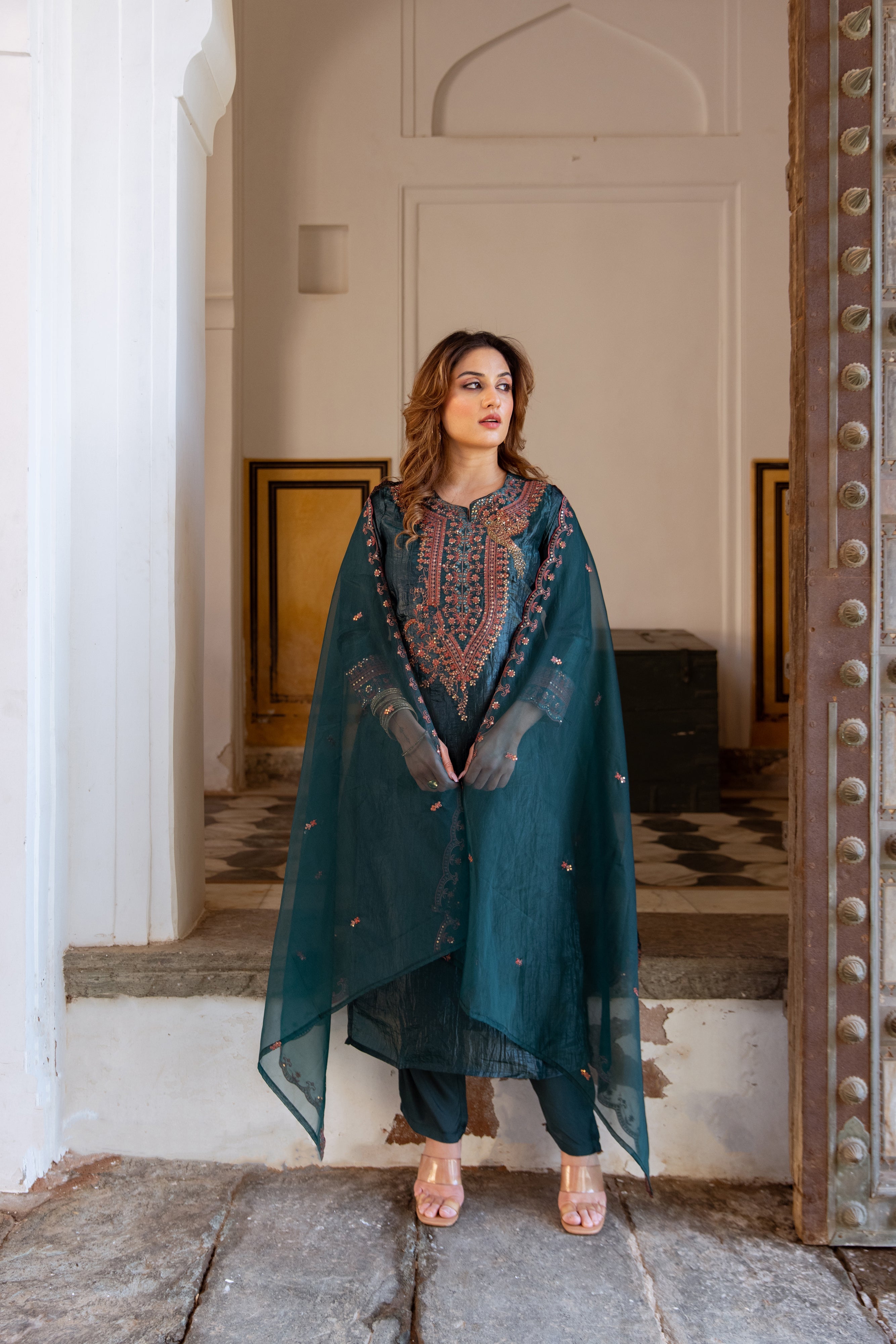 Rama Green Paper Silk Kurta Pant and Dupatta Set