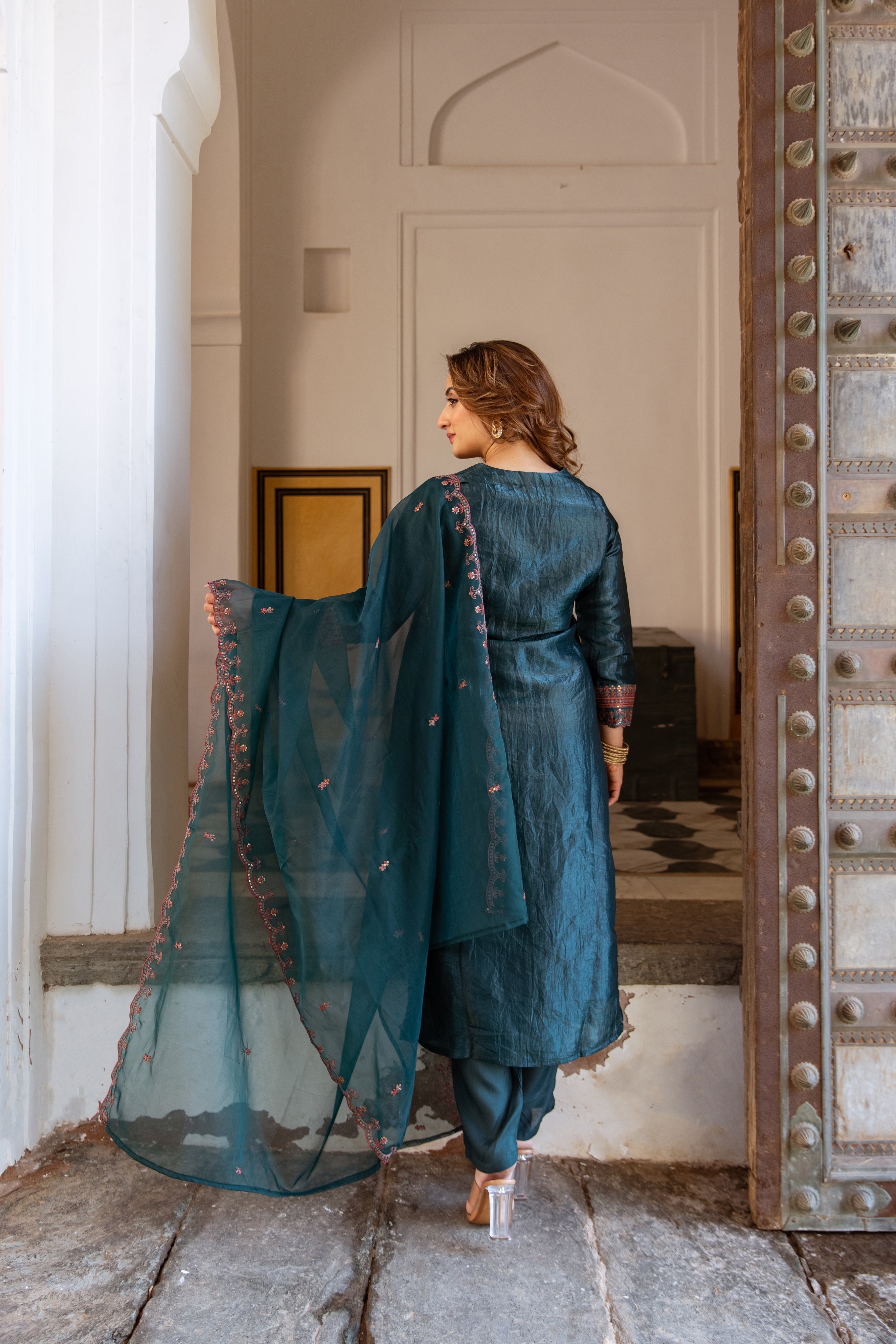 Rama Green Paper Silk Kurta Pant and Dupatta Set