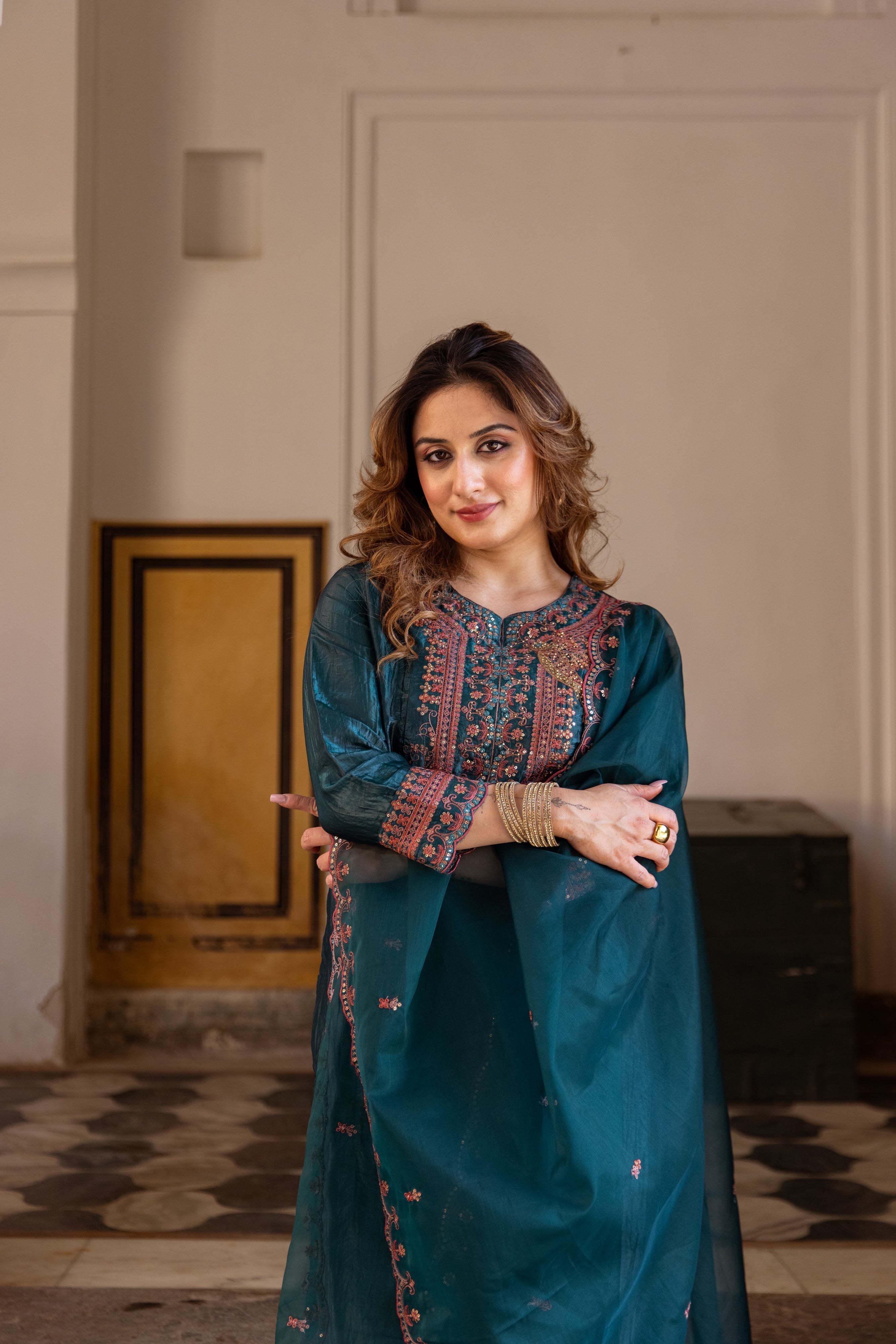 Rama Green Paper Silk Kurta Pant and Dupatta Set