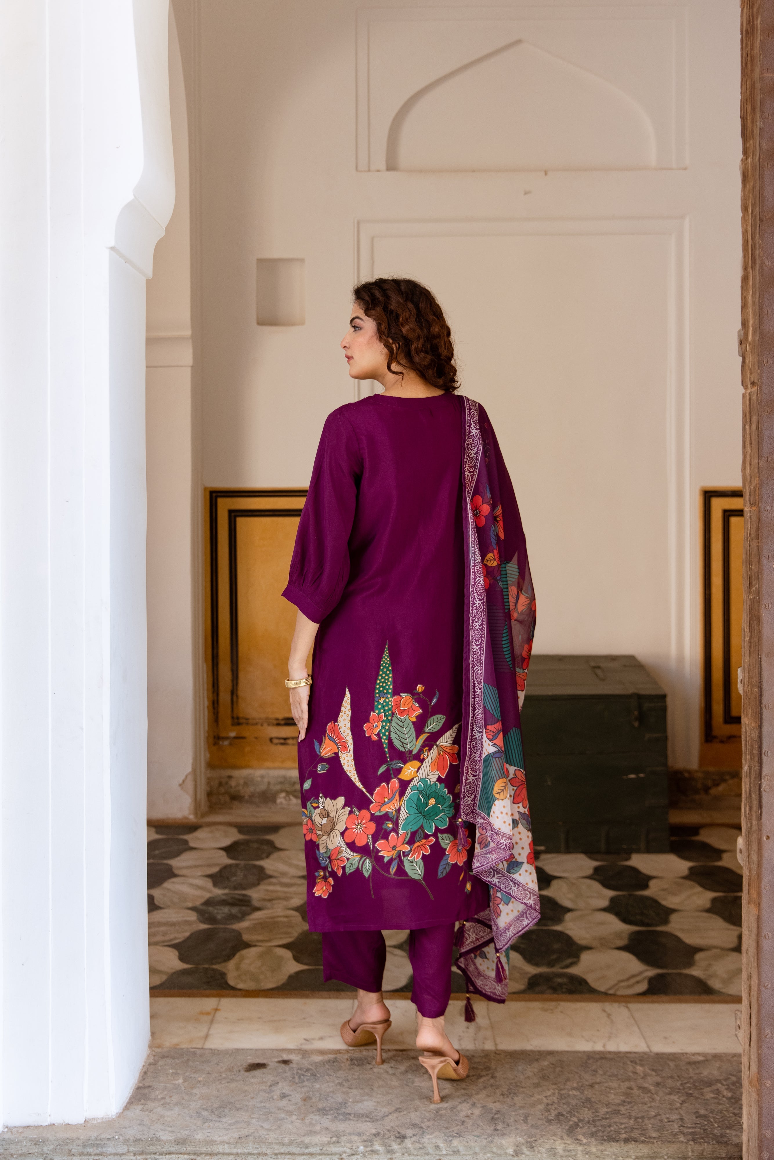 Purple Viscose Muslin Kurta Pant and Dupatta Set