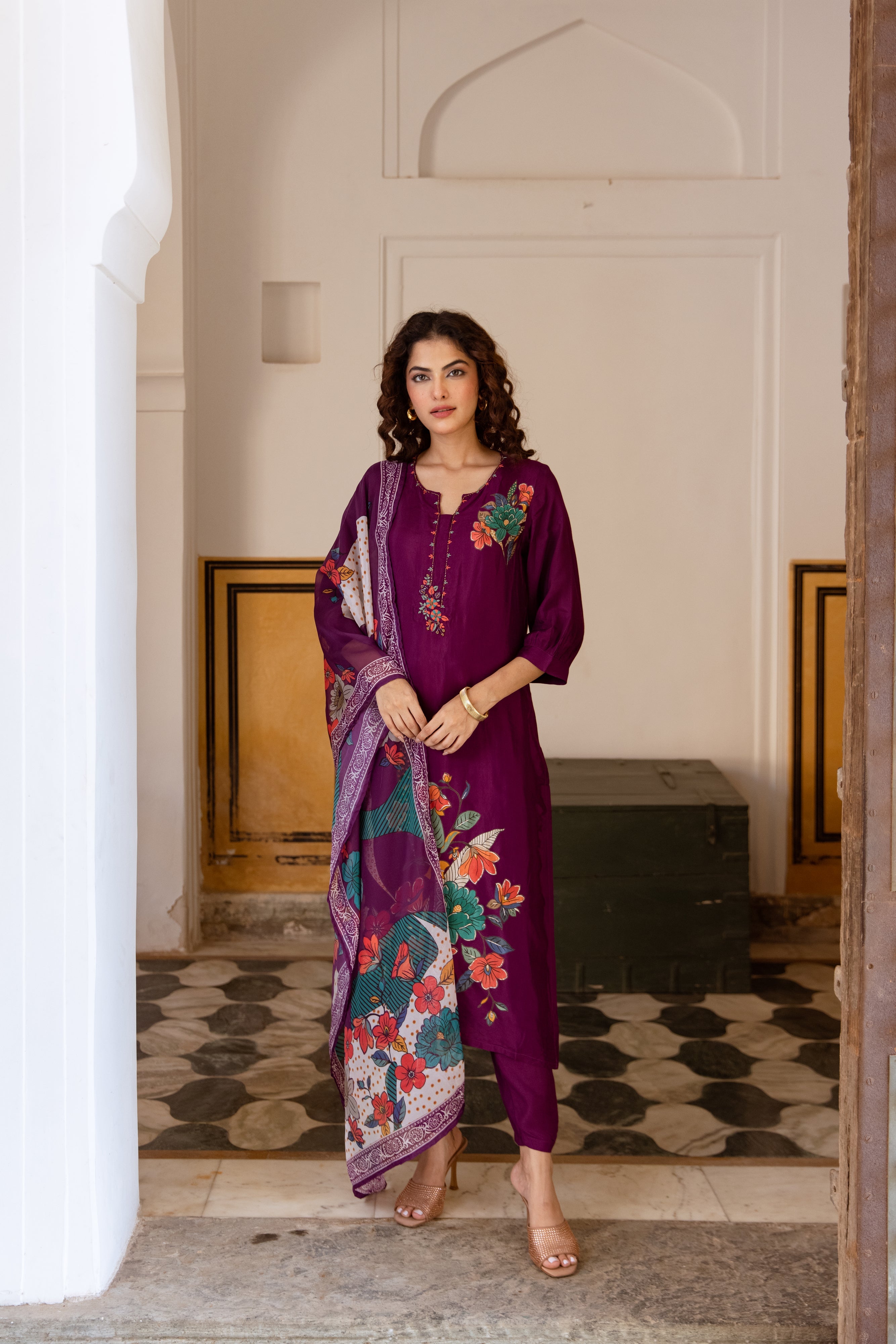 Purple Viscose Muslin Kurta Pant and Dupatta Set