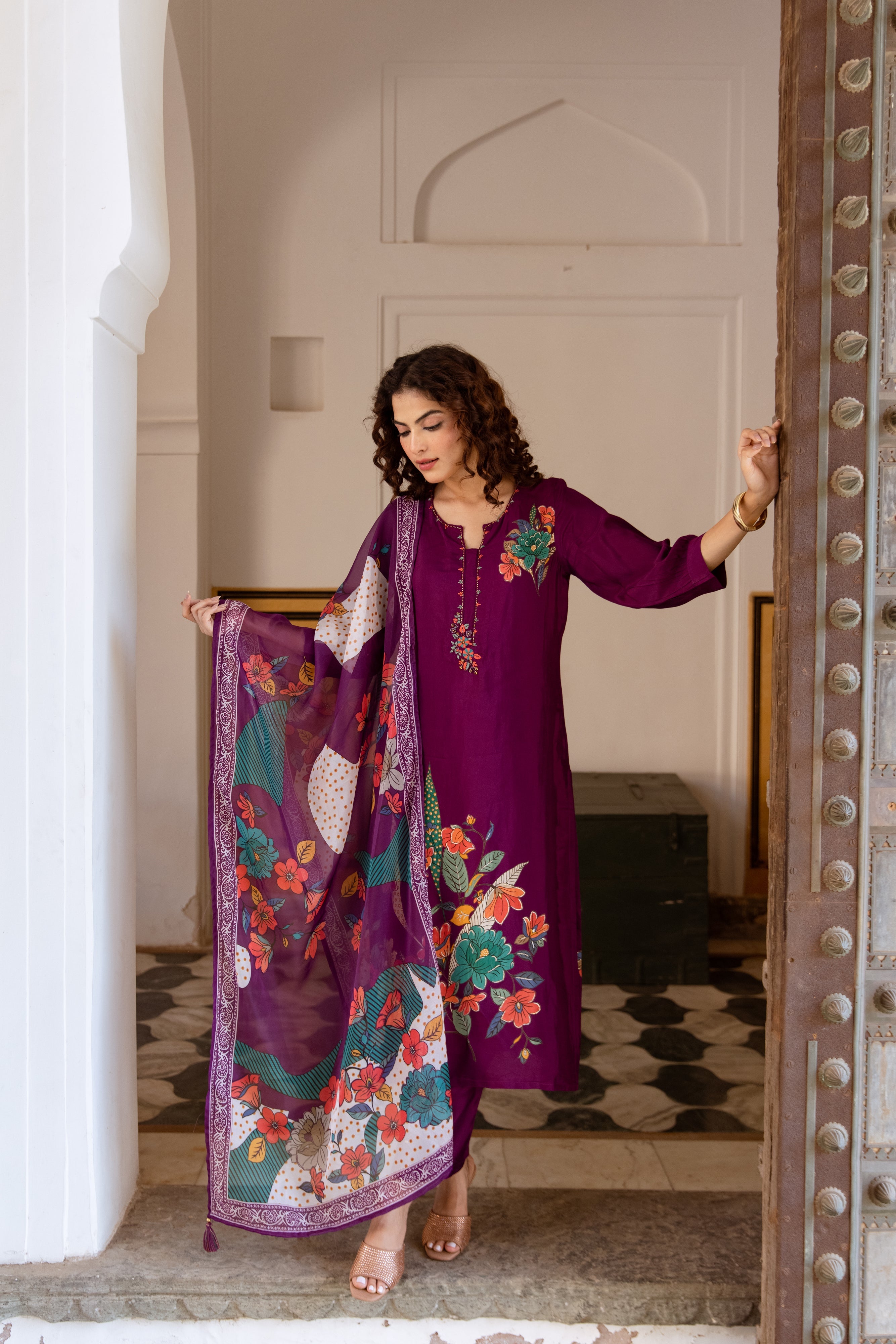 Purple Viscose Muslin Kurta Pant and Dupatta Set