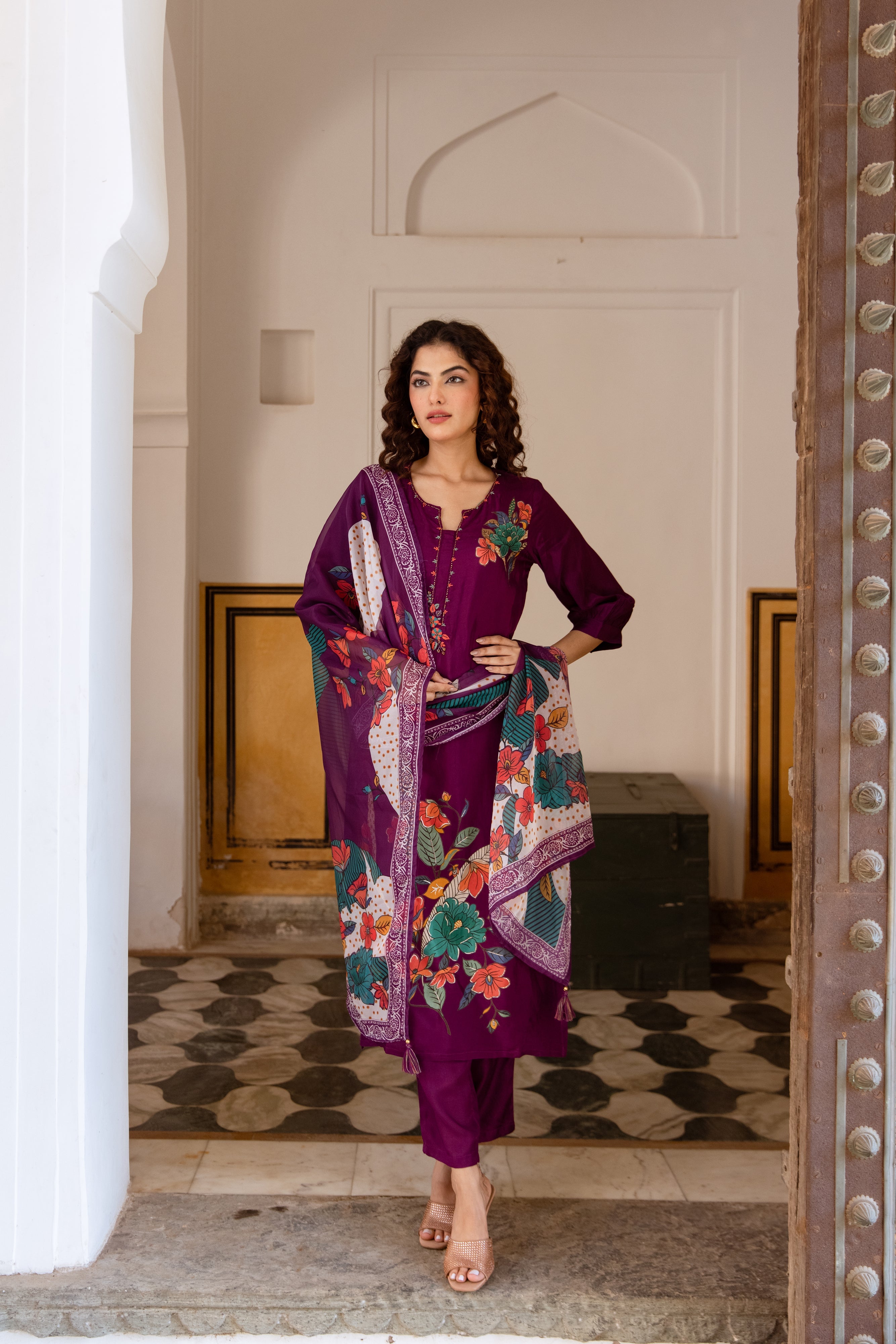 Purple Viscose Muslin Kurta Pant and Dupatta Set