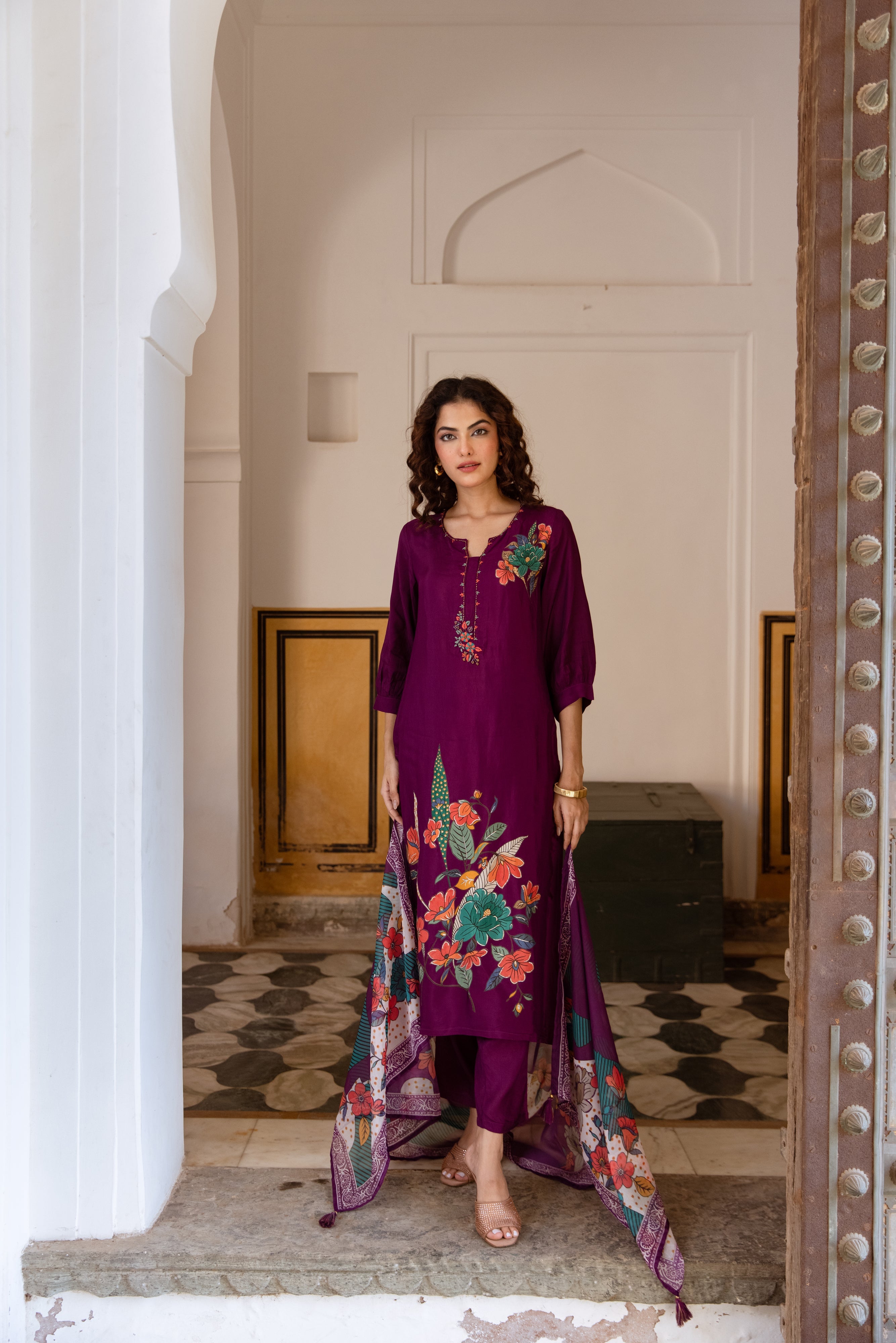 Purple Viscose Muslin Kurta Pant and Dupatta Set