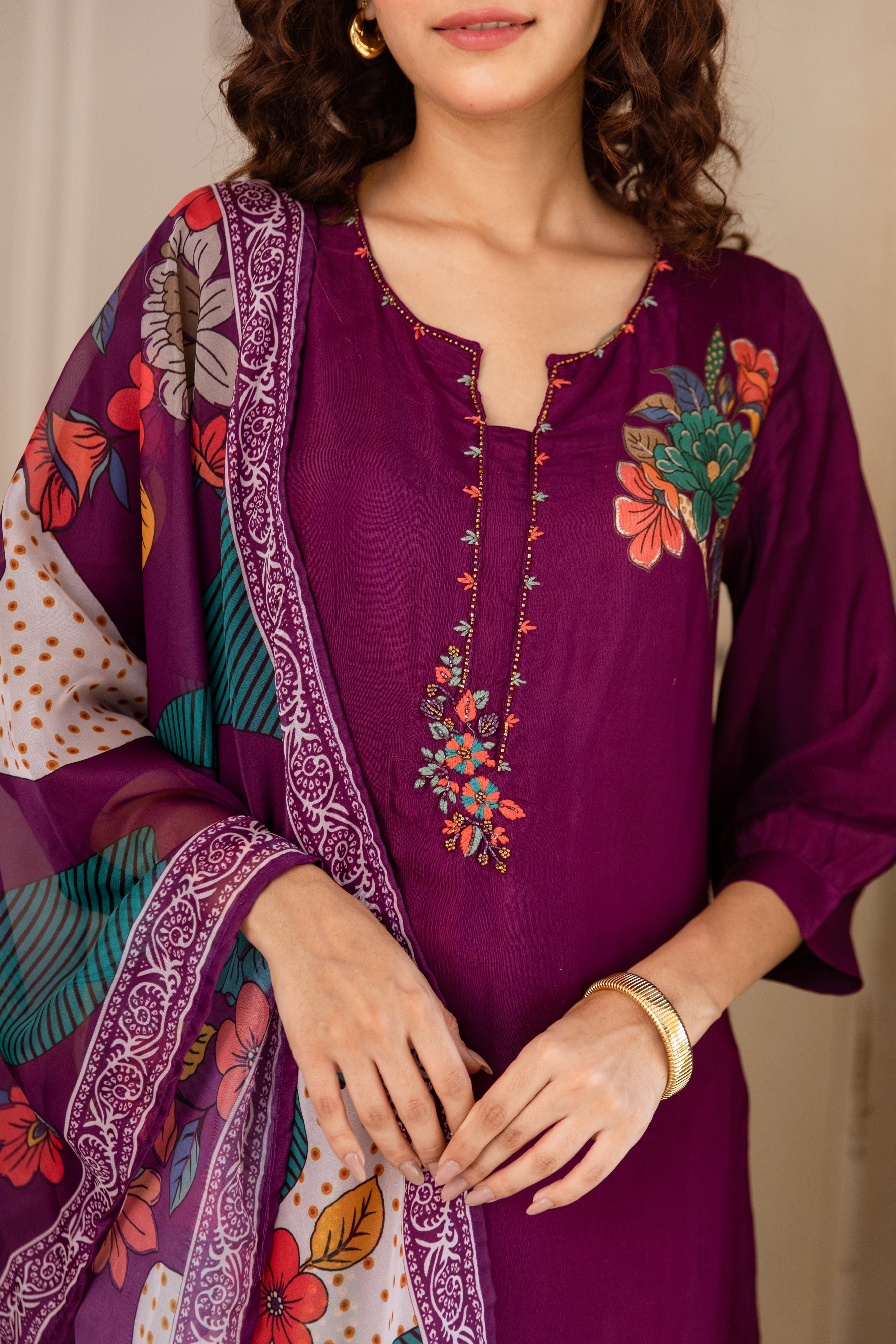 Purple Viscose Muslin Kurta Pant and Dupatta Set