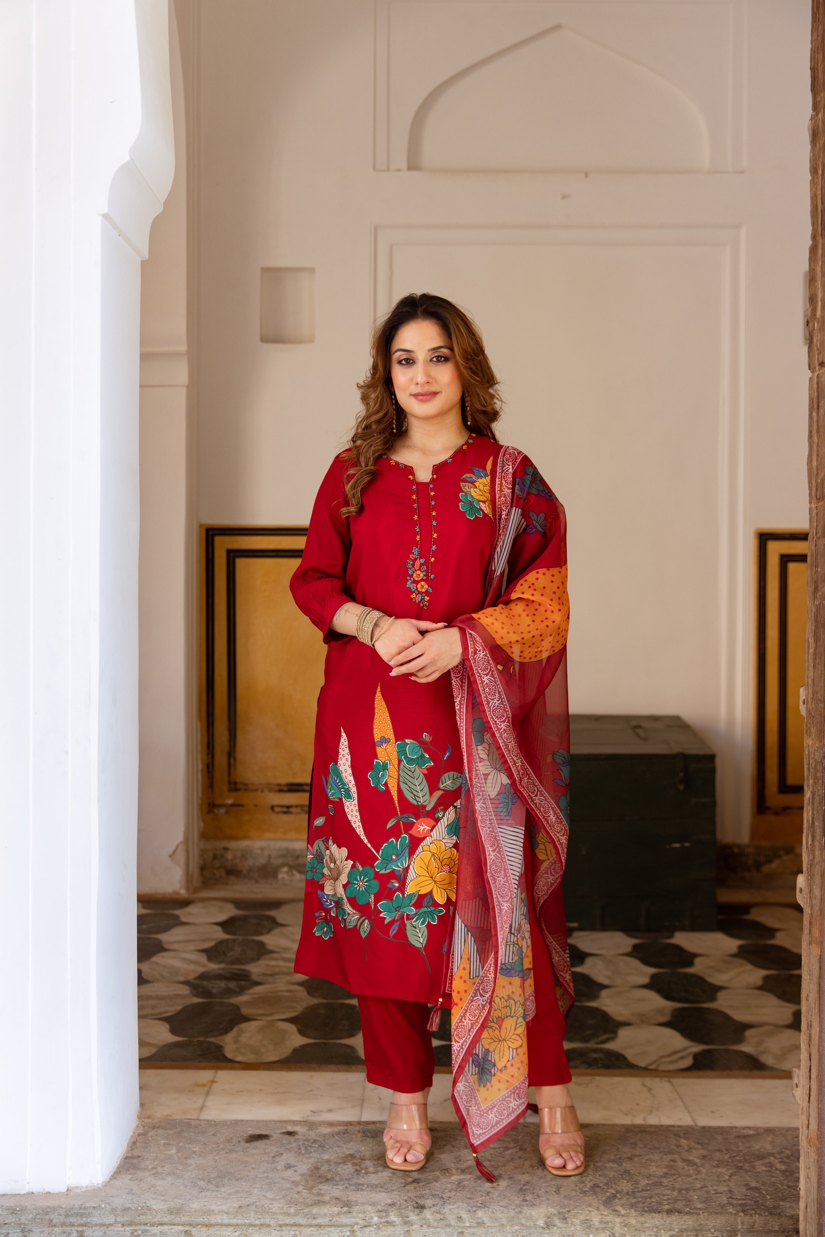 Red Viscose Muslin Kurta Pant and Dupatta Set