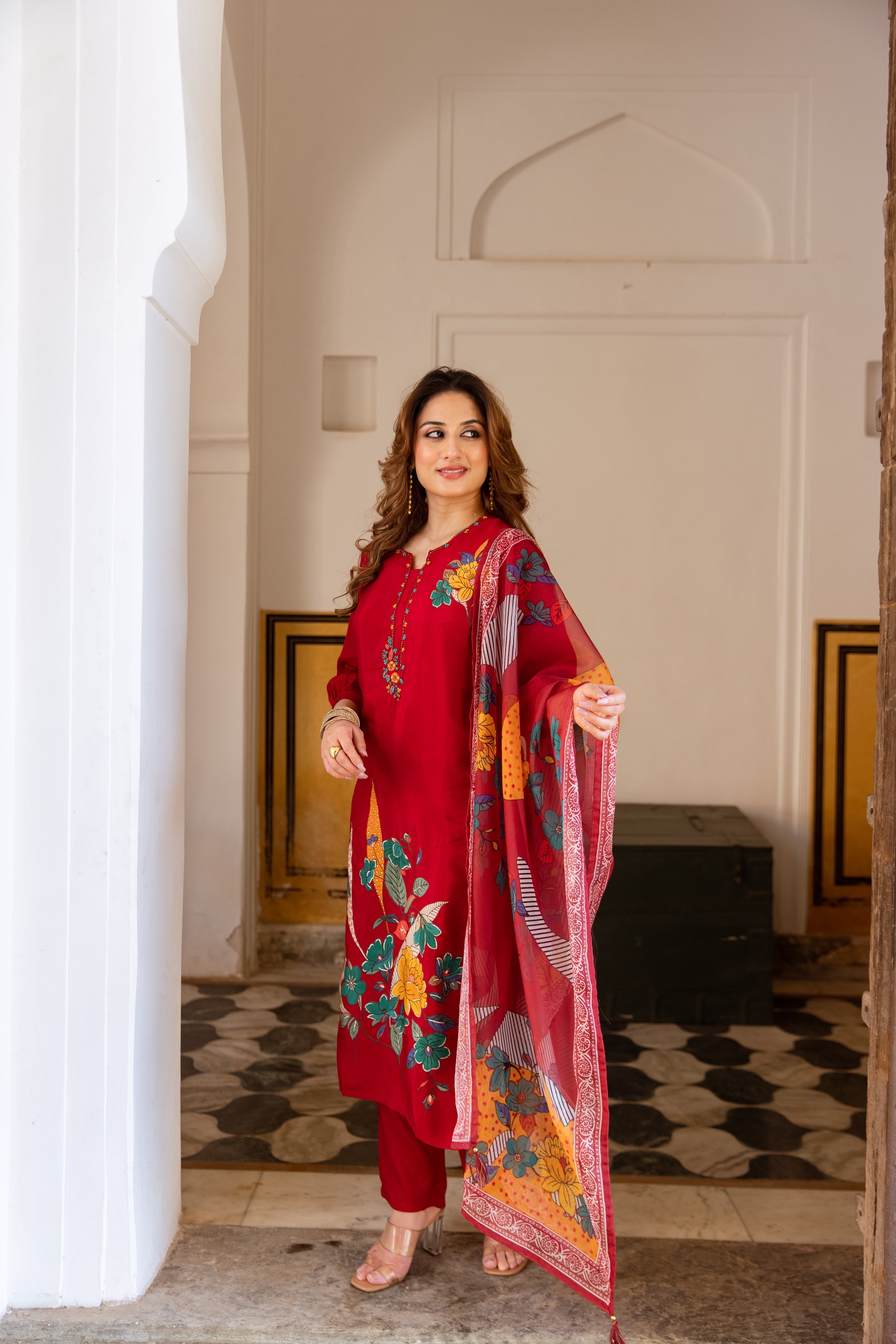 Red Viscose Muslin Kurta Pant and Dupatta Set