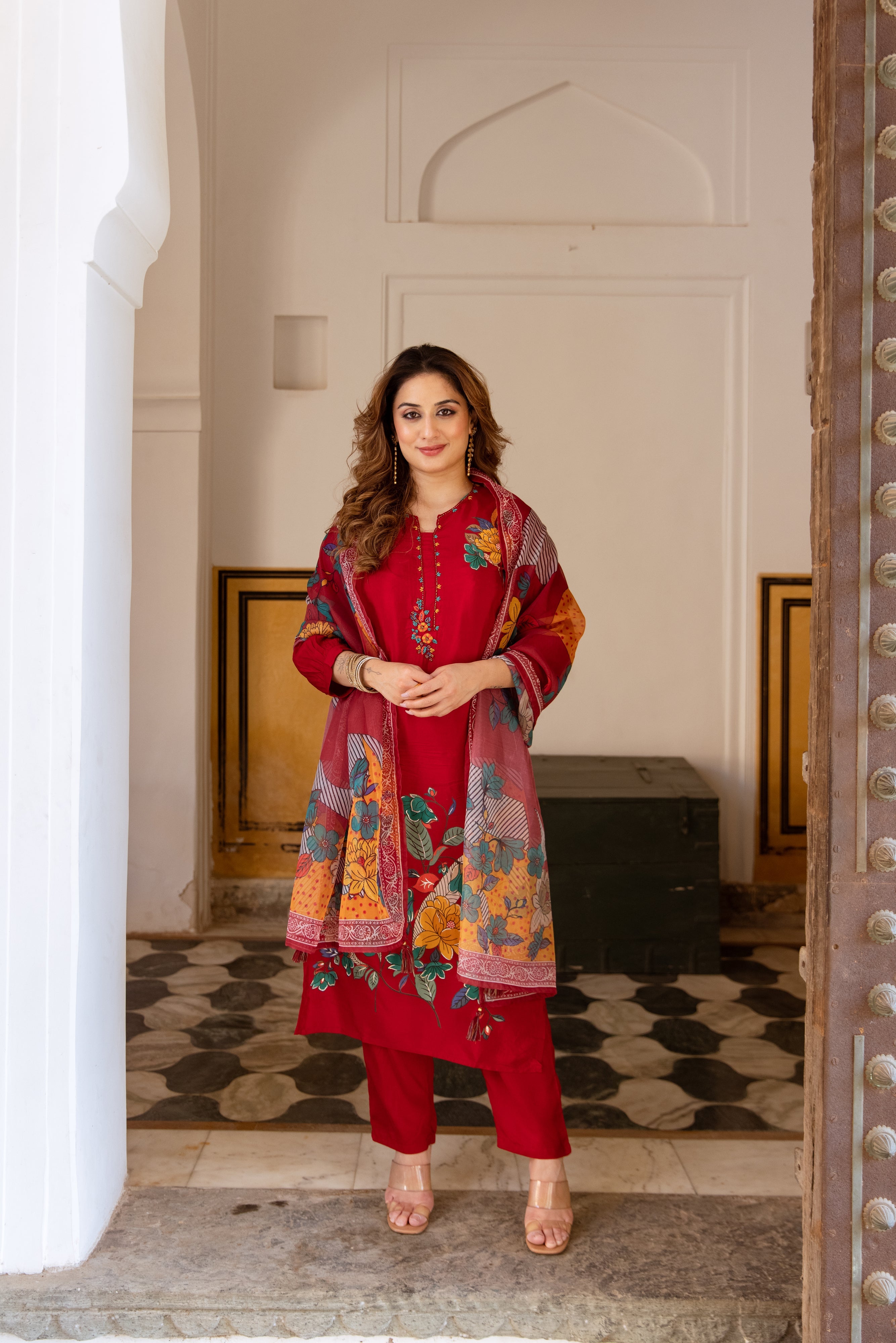 Red Viscose Muslin Kurta Pant and Dupatta Set