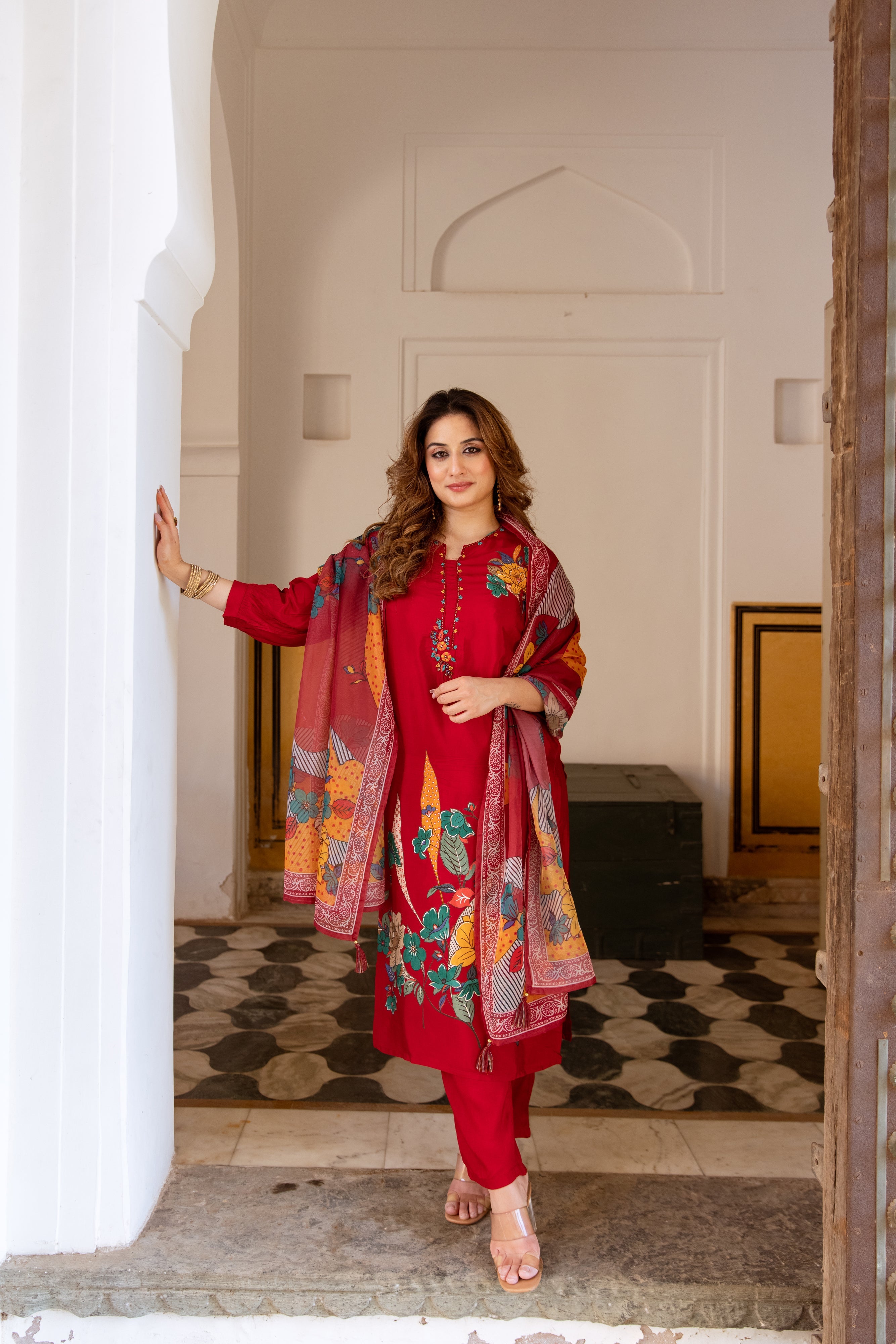 Red Viscose Muslin Kurta Pant and Dupatta Set