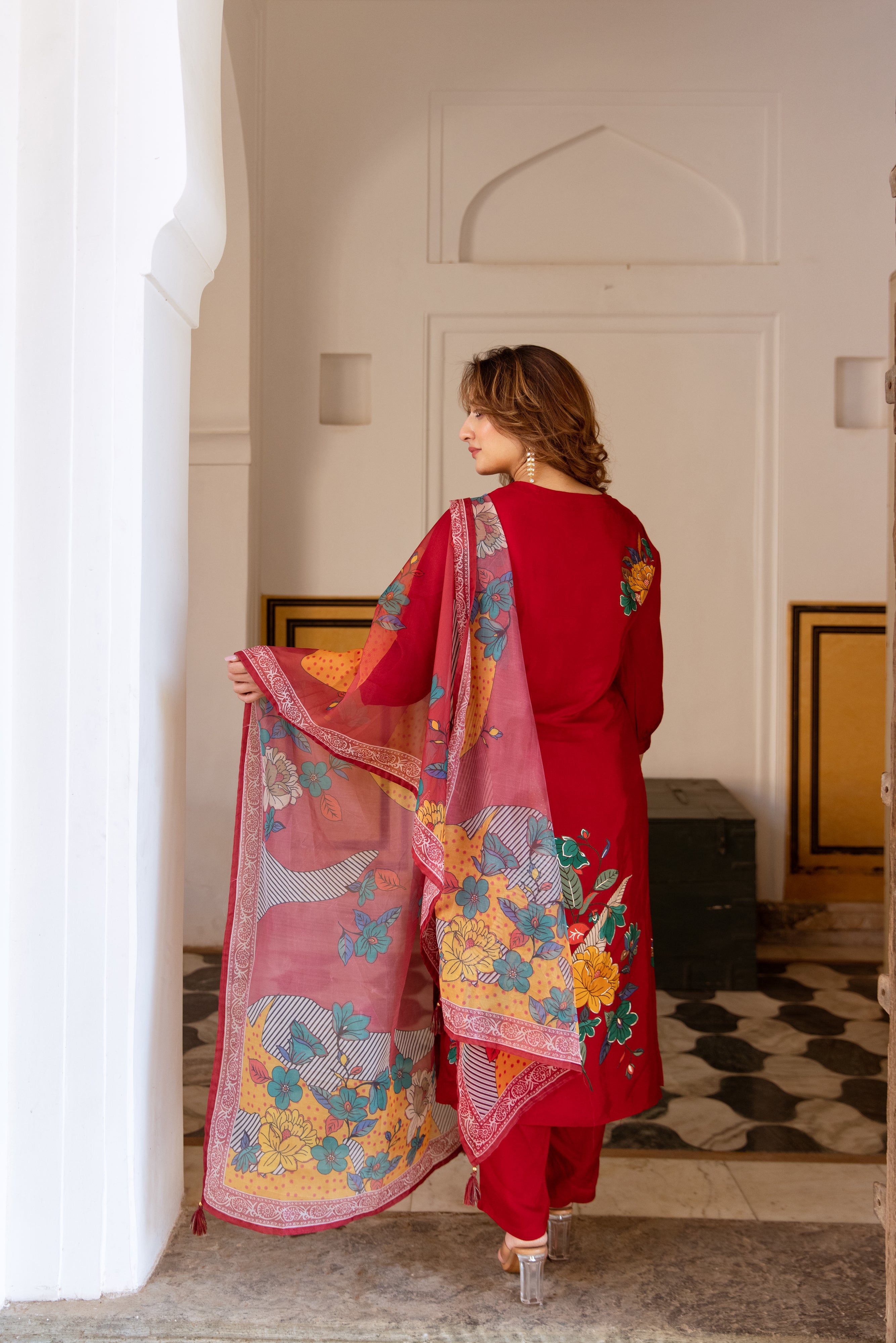 Red Viscose Muslin Kurta Pant and Dupatta Set