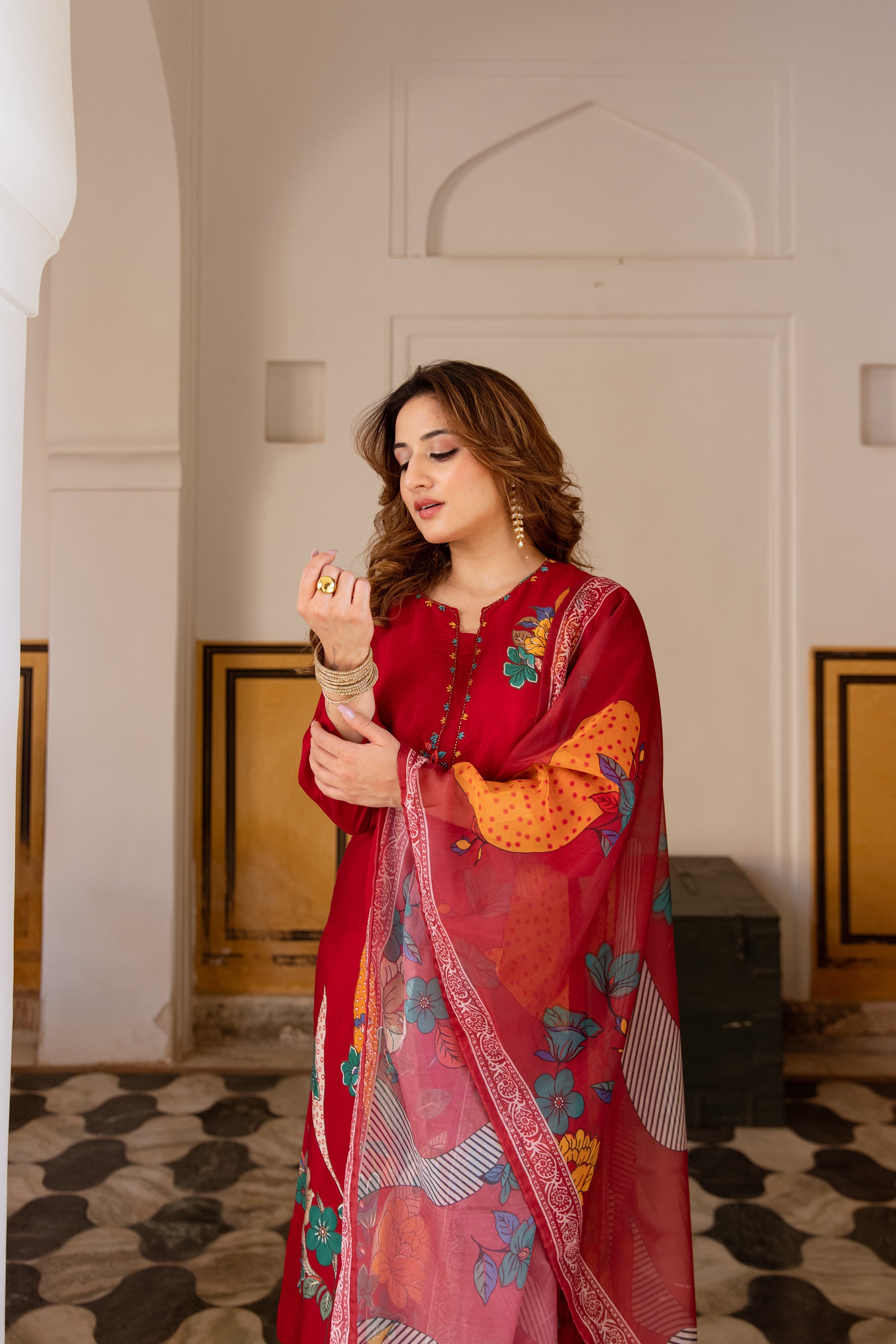 Red Viscose Muslin Kurta Pant and Dupatta Set