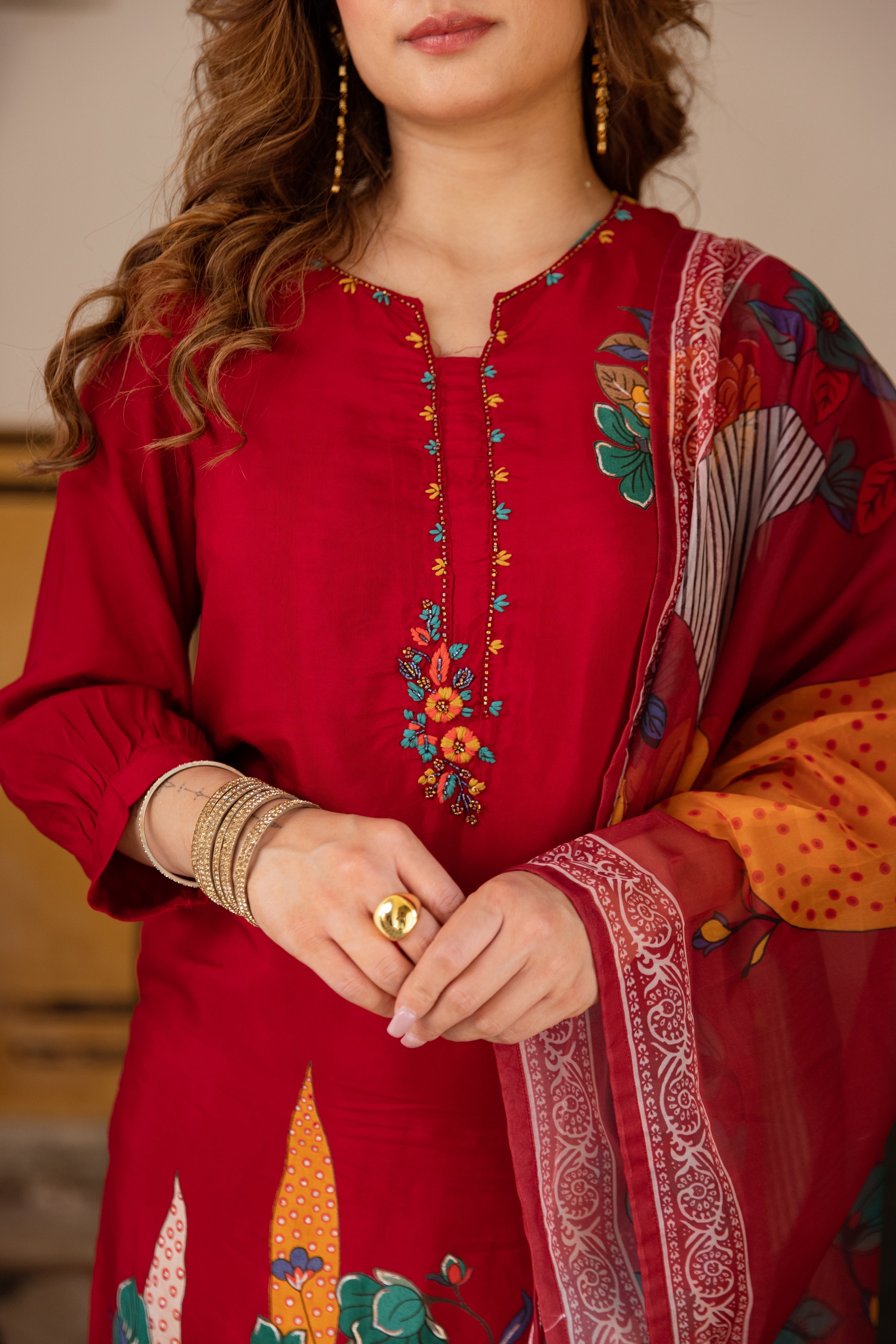 Red Viscose Muslin Kurta Pant and Dupatta Set