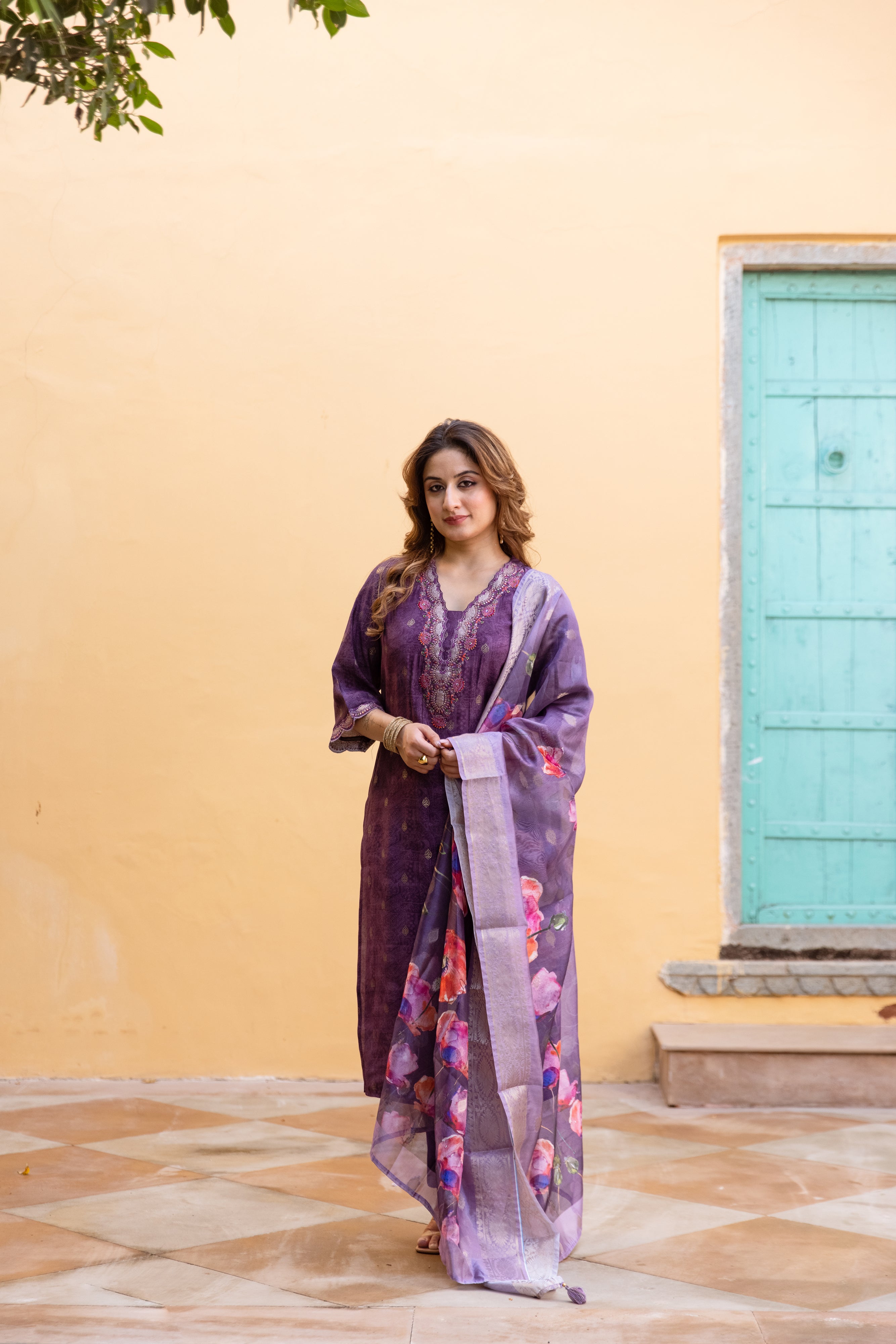 Dark Purple Modal Muslin Kurta Pant and Dupatta Set