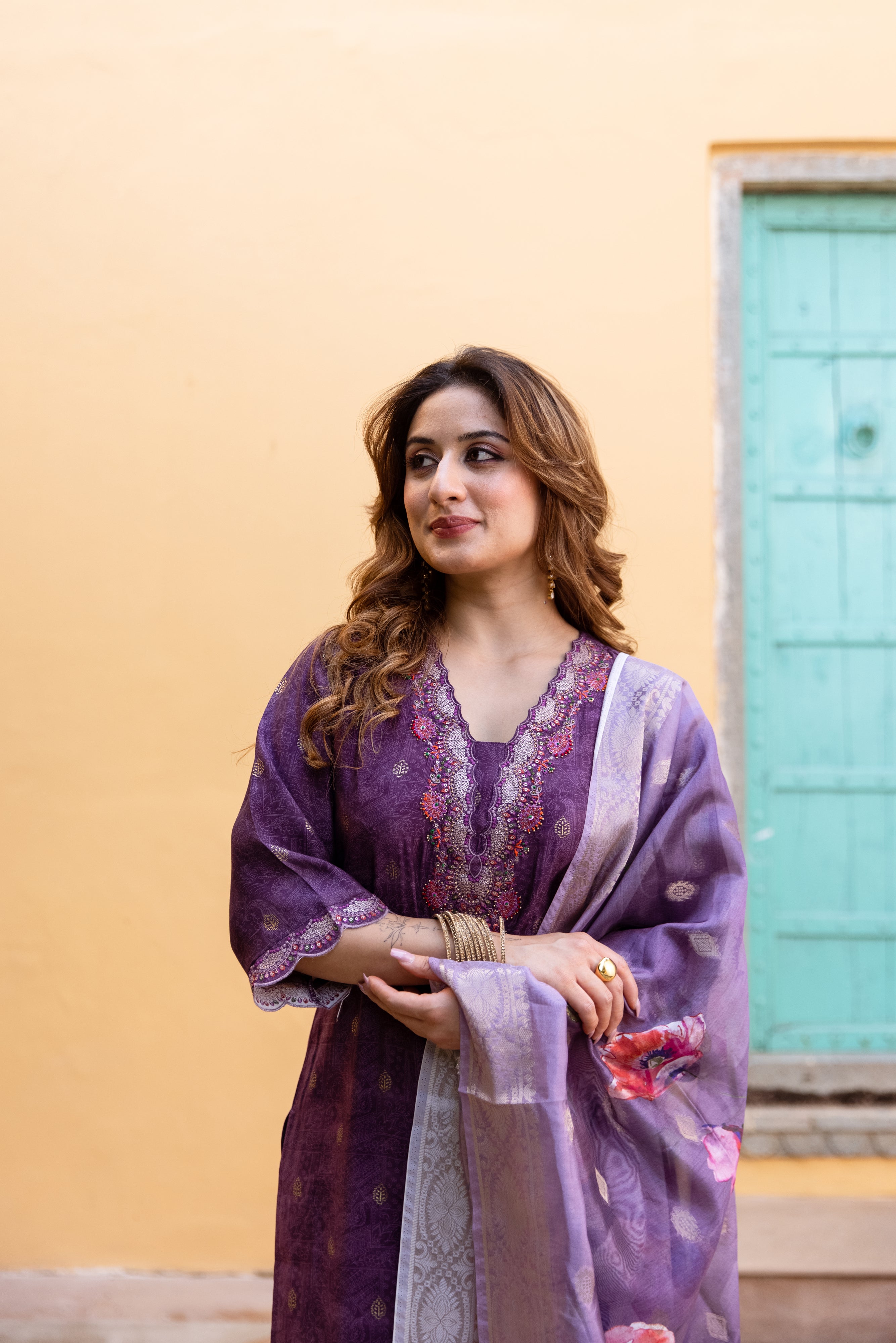 Dark Purple Modal Muslin Kurta Pant and Dupatta Set