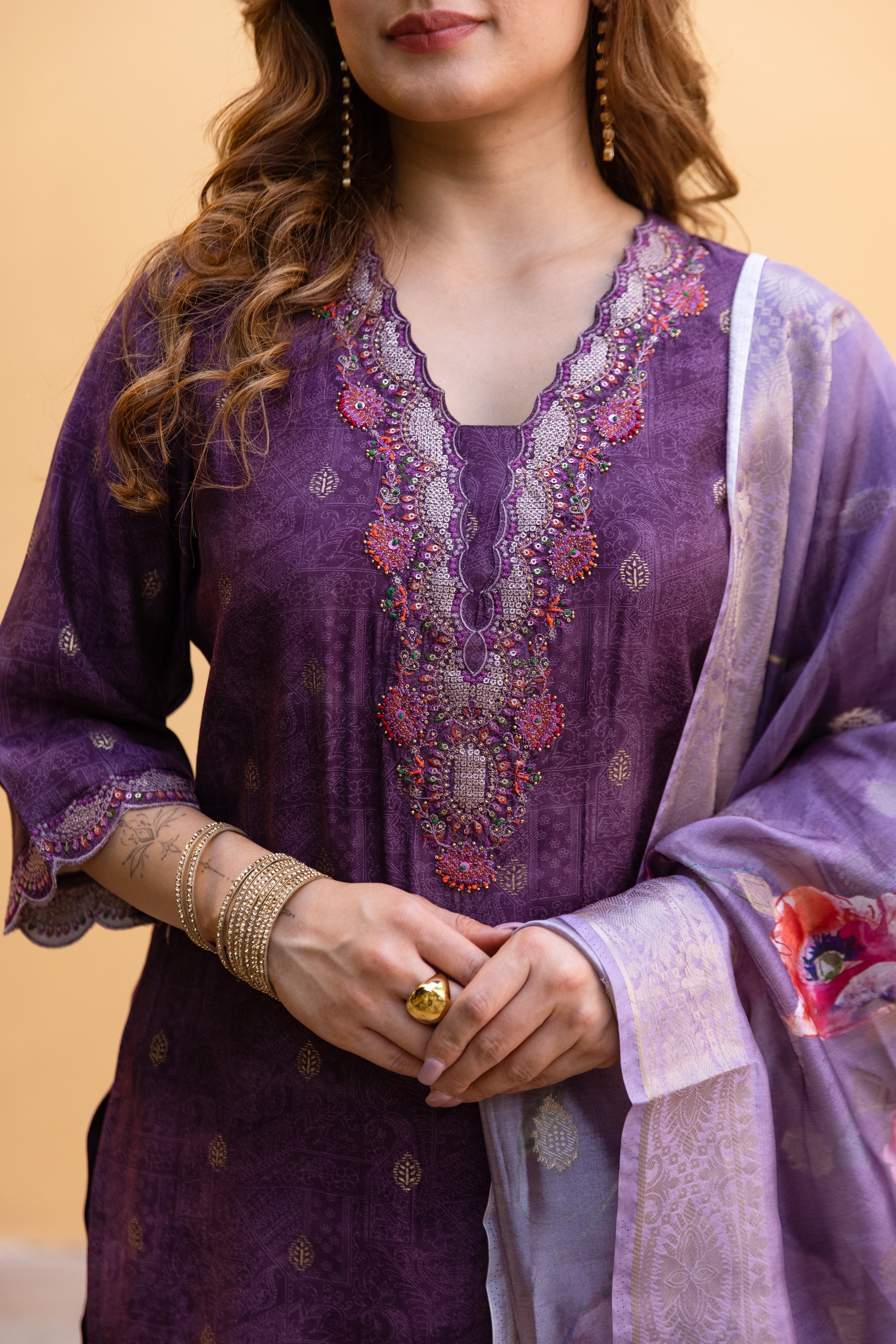 Dark Purple Modal Muslin Kurta Pant and Dupatta Set